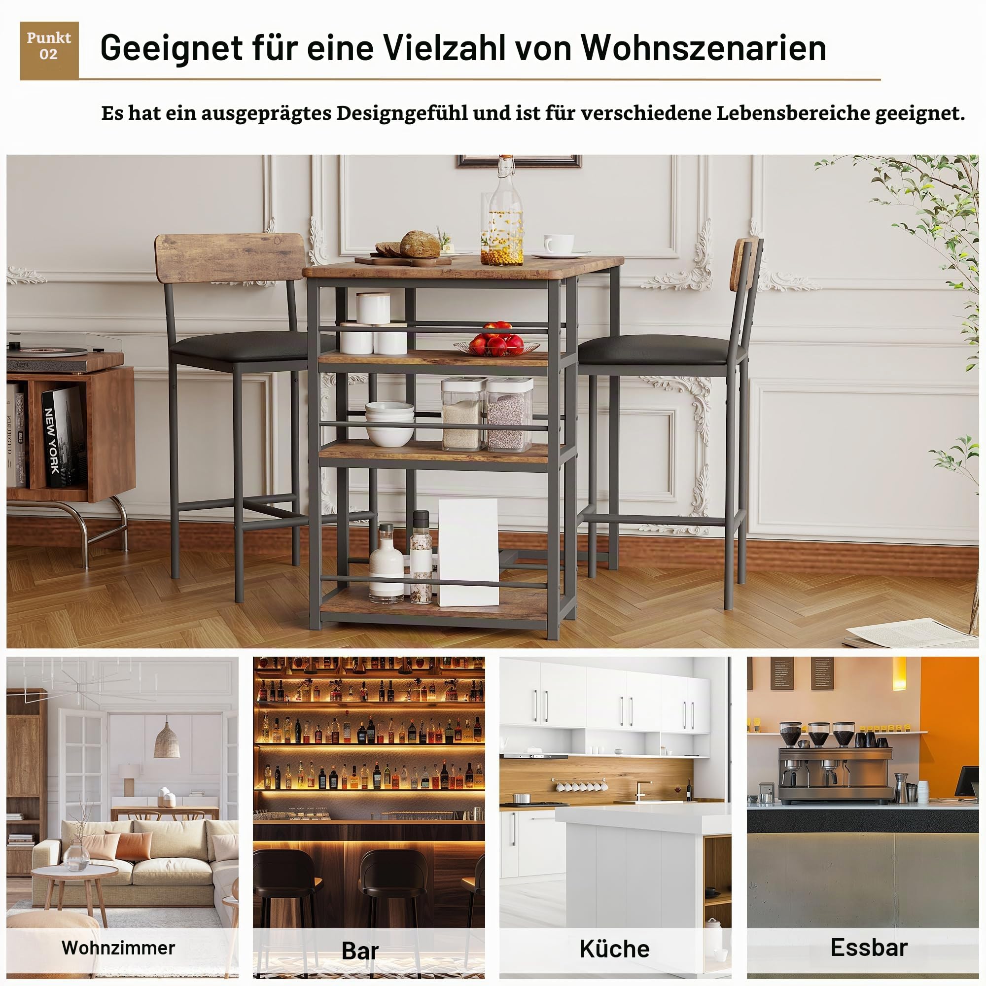3-Teilig Bartisch Mit Barhocker Set, Esstisch Mit 3 Ablagen & 2 Gepolsterten Barhockern Mit Rückenlehne, Industrieller Stehtisch, Küchentisch Sitzgruppe Für Esszimmer Küche Wohnzimmer