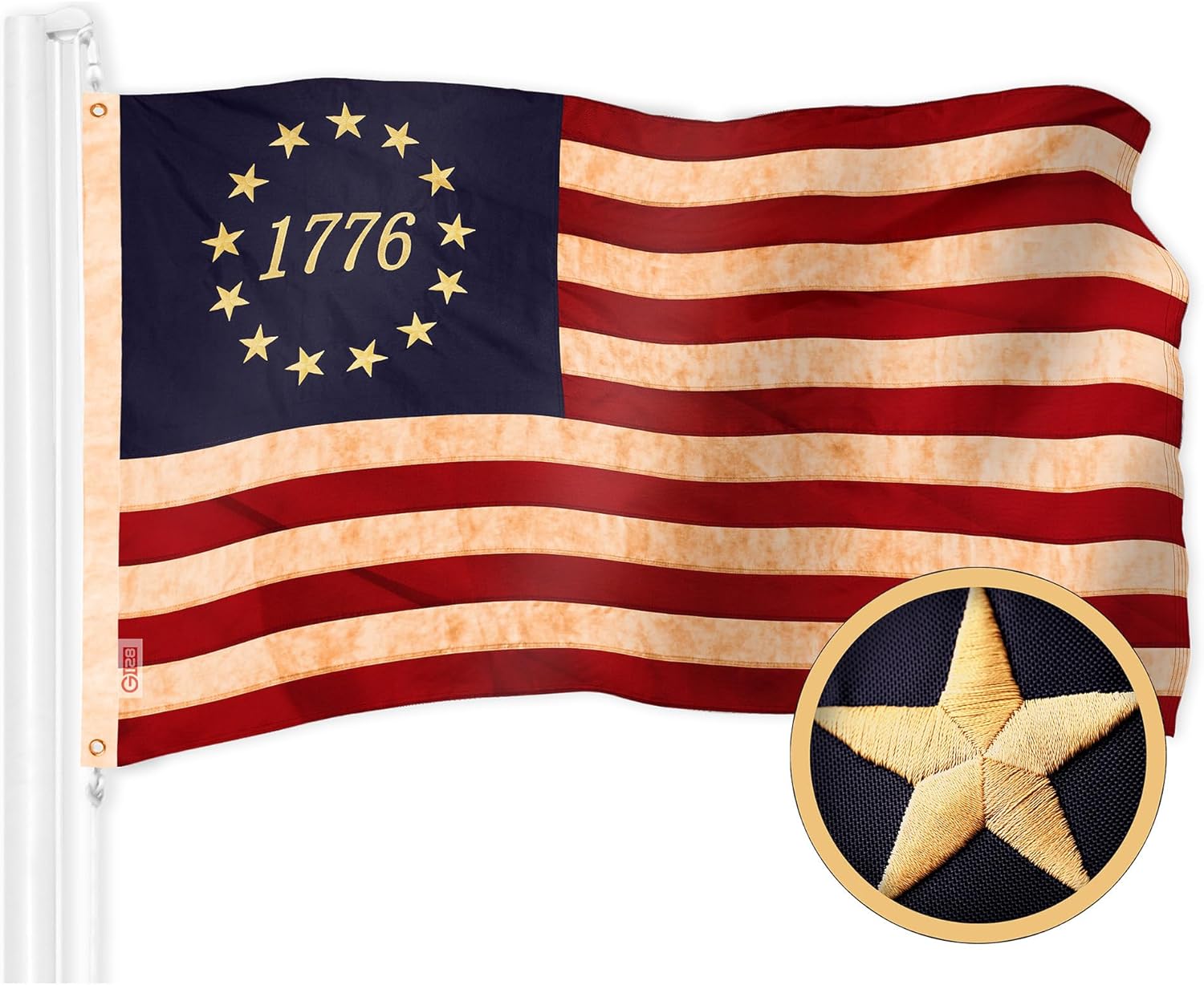 G128 Betsy Ross 1776 Tea-Stained Flag | 4x6 Ft | ToughWeave Pro Series Embroidered 420D Polyester | Historical Flag, Embroidered Design, Indoor/Outdoor, Brass Grommets Betsy Ross 1776 Tea Stained 4x6 FT Emb
