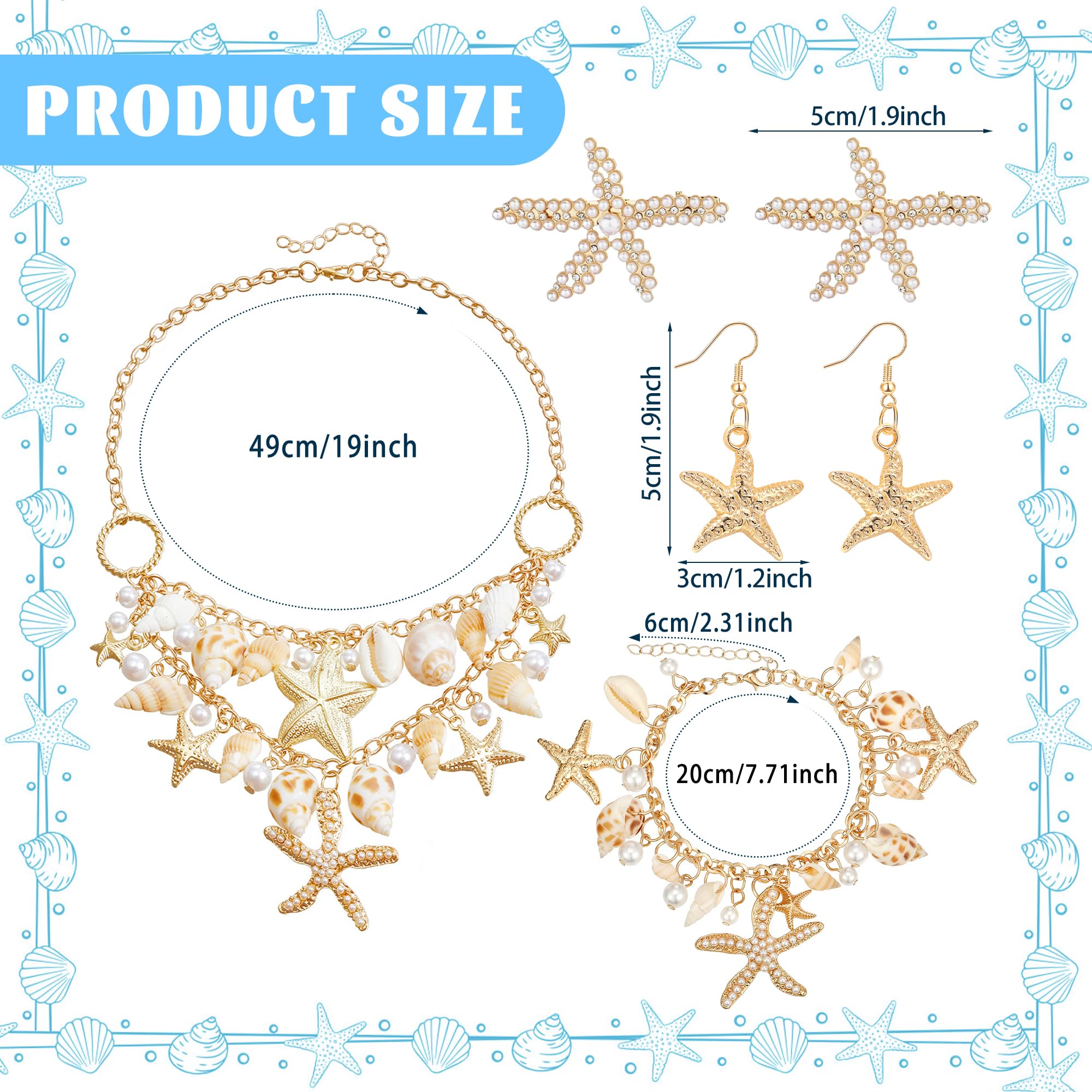 Women Mermaid Costume Jewelry Set, Mermaid Accessories with Starfish Seashell Necklace Bracelet Hair Clip Earrings