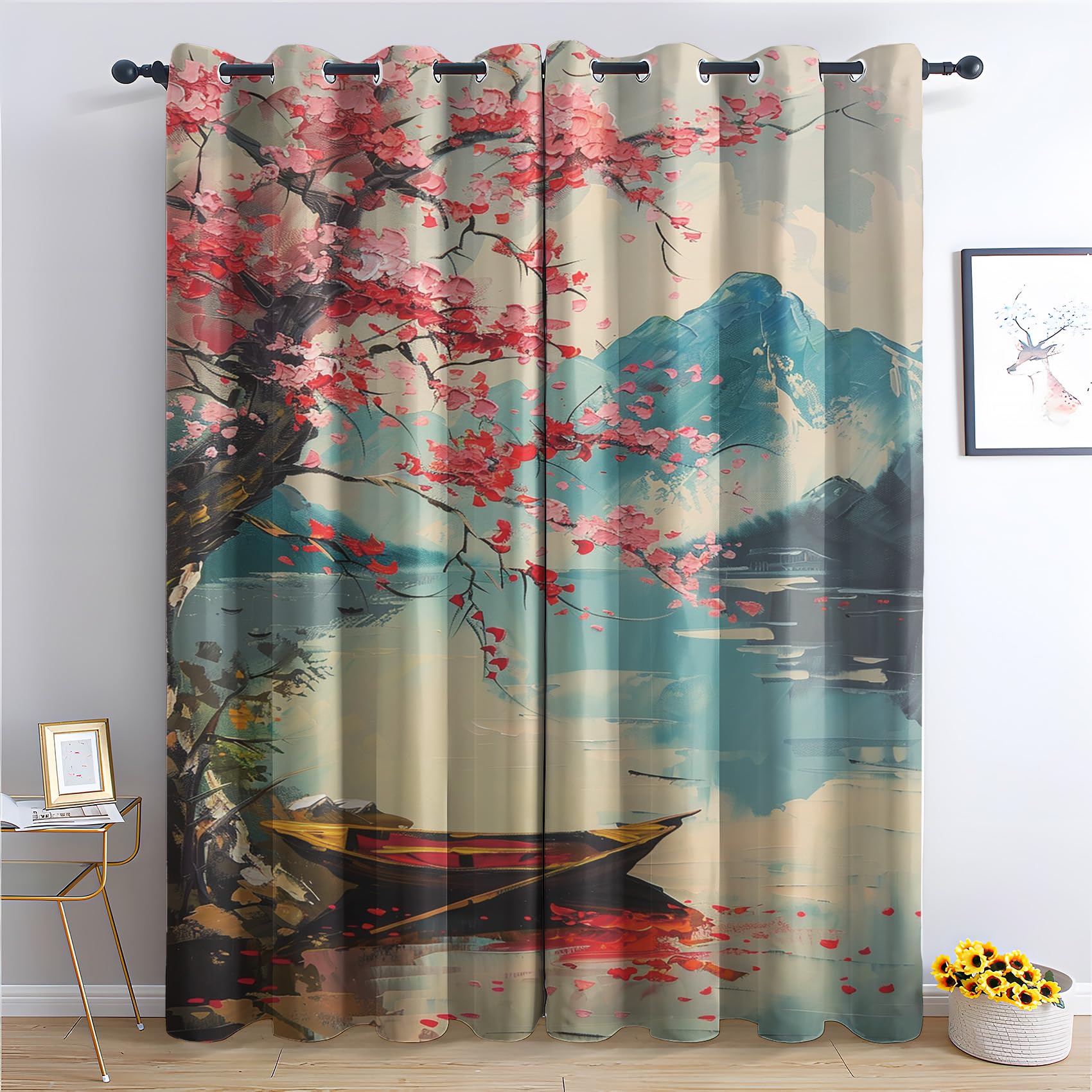 DlaQoryx Japanese Landscape Curtains for Bedroom 69 Inch Drop 2 Panels Mount Fuji Cherry Blossom Boat Blackout Curtains, Eyelet Thermal Curtains & Drapes, Living Room Home Decor Window Curtains 55x69