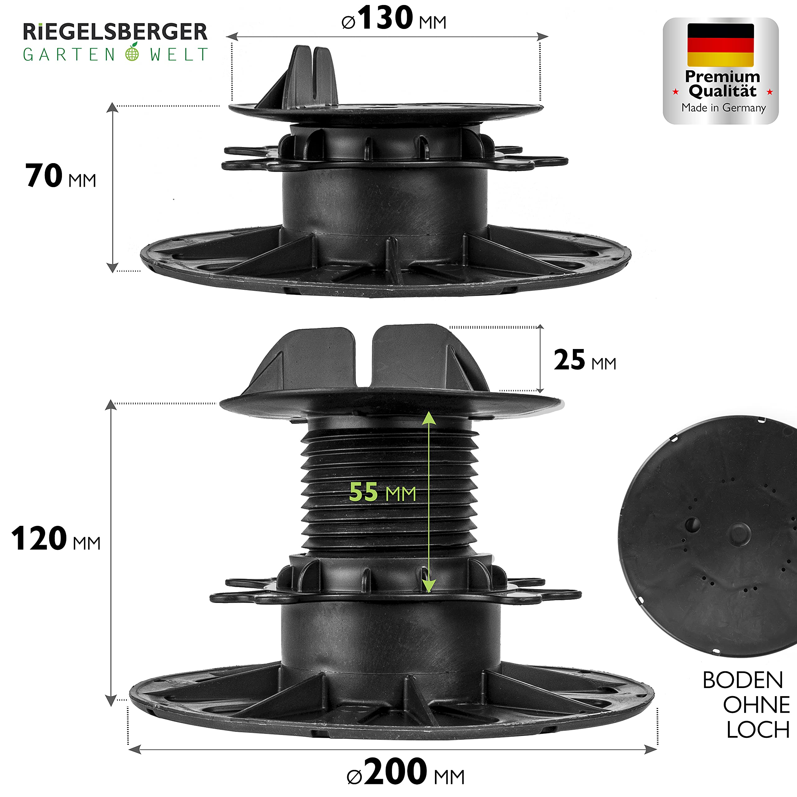 Gartenwelt Riegelsberger Justierbarer Premium Balkenlager Terrassenlager Stelzlager für Holz WPC Aluminium BPC Hartholz Unterkonstruktion höhenverstellbar 70-120 mm | 36 STK. (1 Karton)