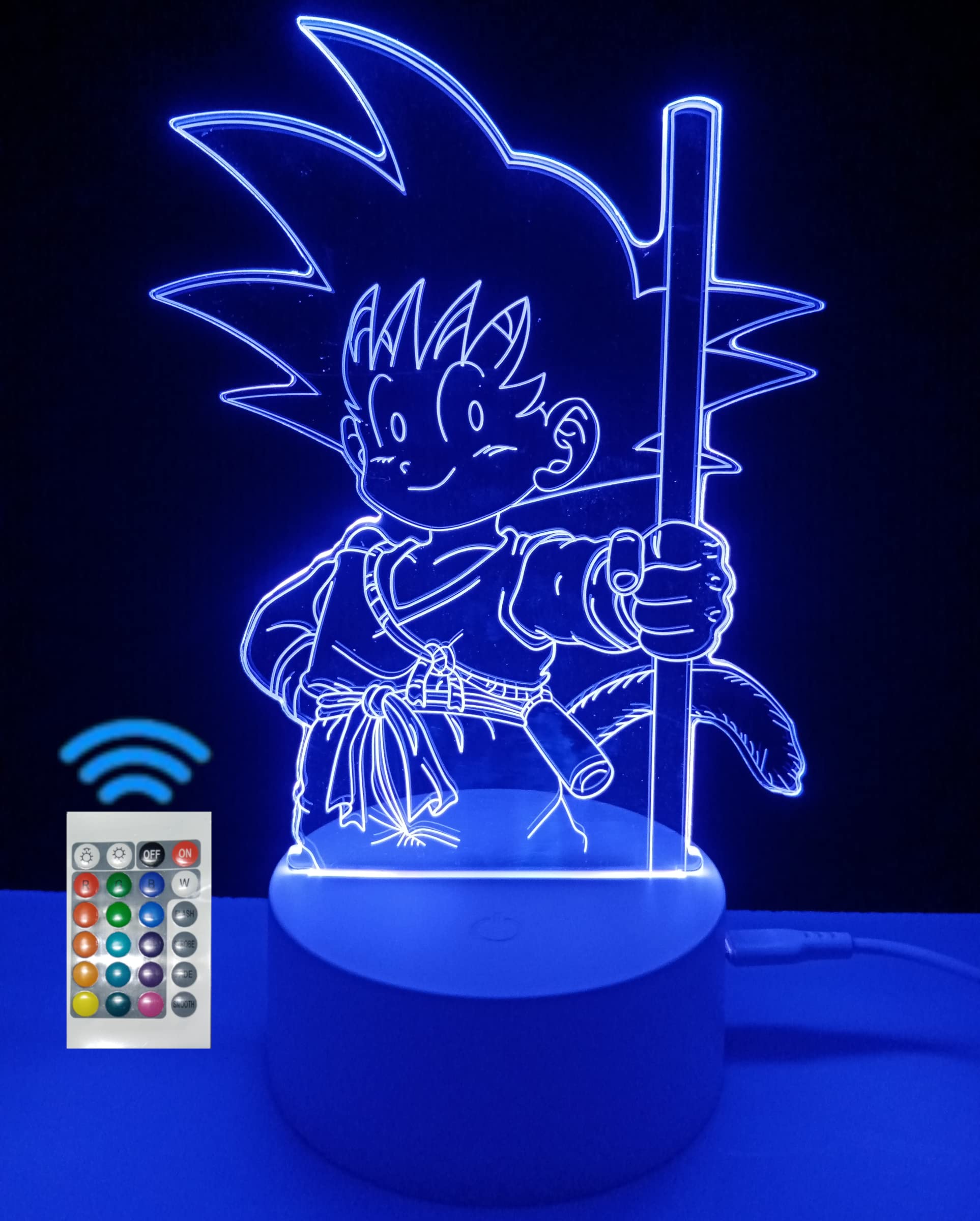 Luz de noche 3D ilusión óptica lámpara decorativa de mesa Son Goku Niño Dragon ball 16 colores de iluminación y mando a distancia lámpara de mesita de noche para regalo (Son Goku Niño)