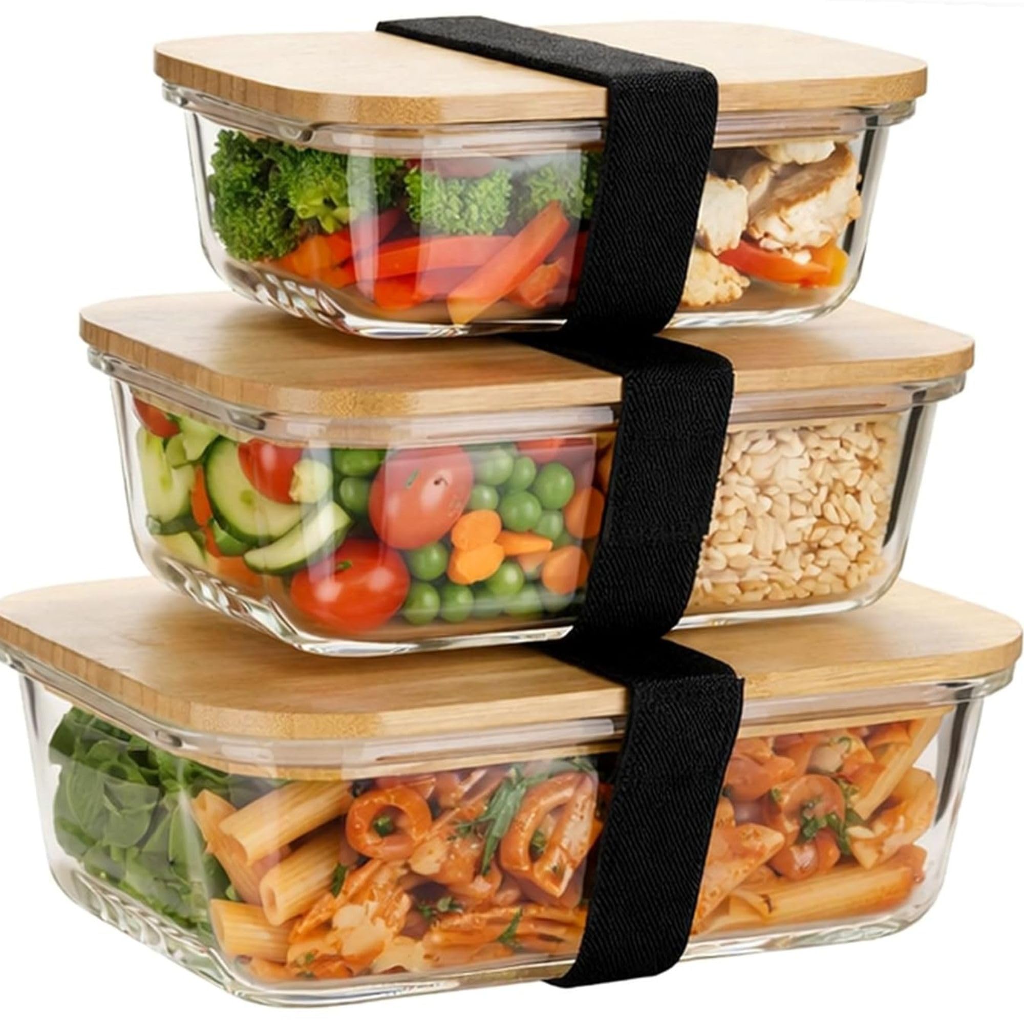 HOUSZY Glass Food Storage Containers with Bamboo Lids – Set of 3 Rectangular Borosilicate Glass Meal Prep Containers – 370ml, 640ml, 1050ml – Airtight, Microwave & Oven Safe