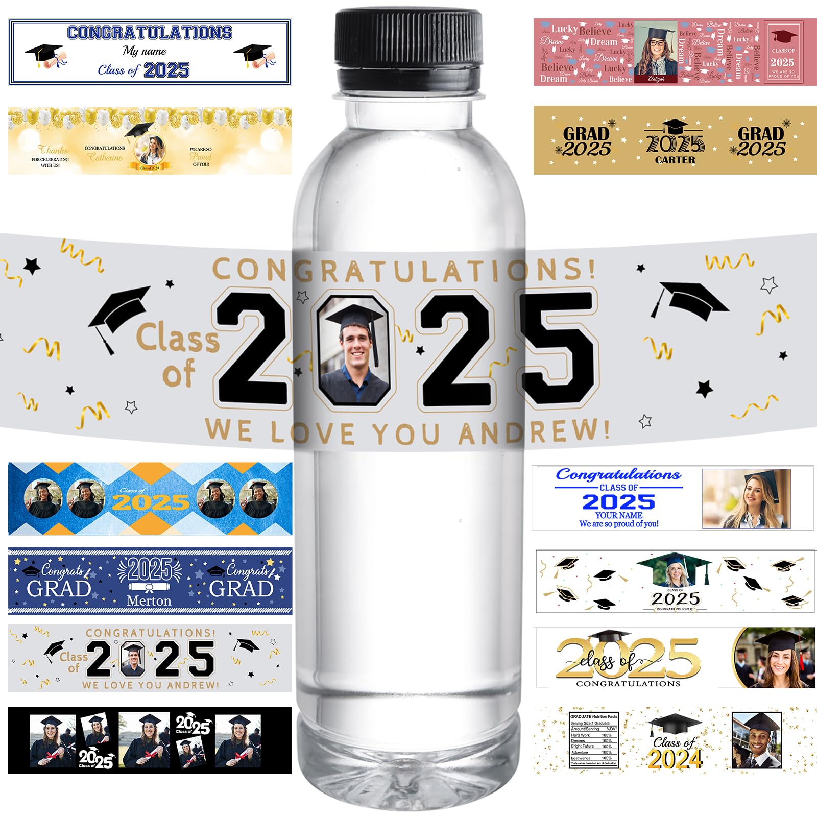 Up to 300 Personalized Water Bottle Labels for Graduation Custom Class of 2025 Label with Photo Customize Waterproof Water Bottles Stickers Wrapper