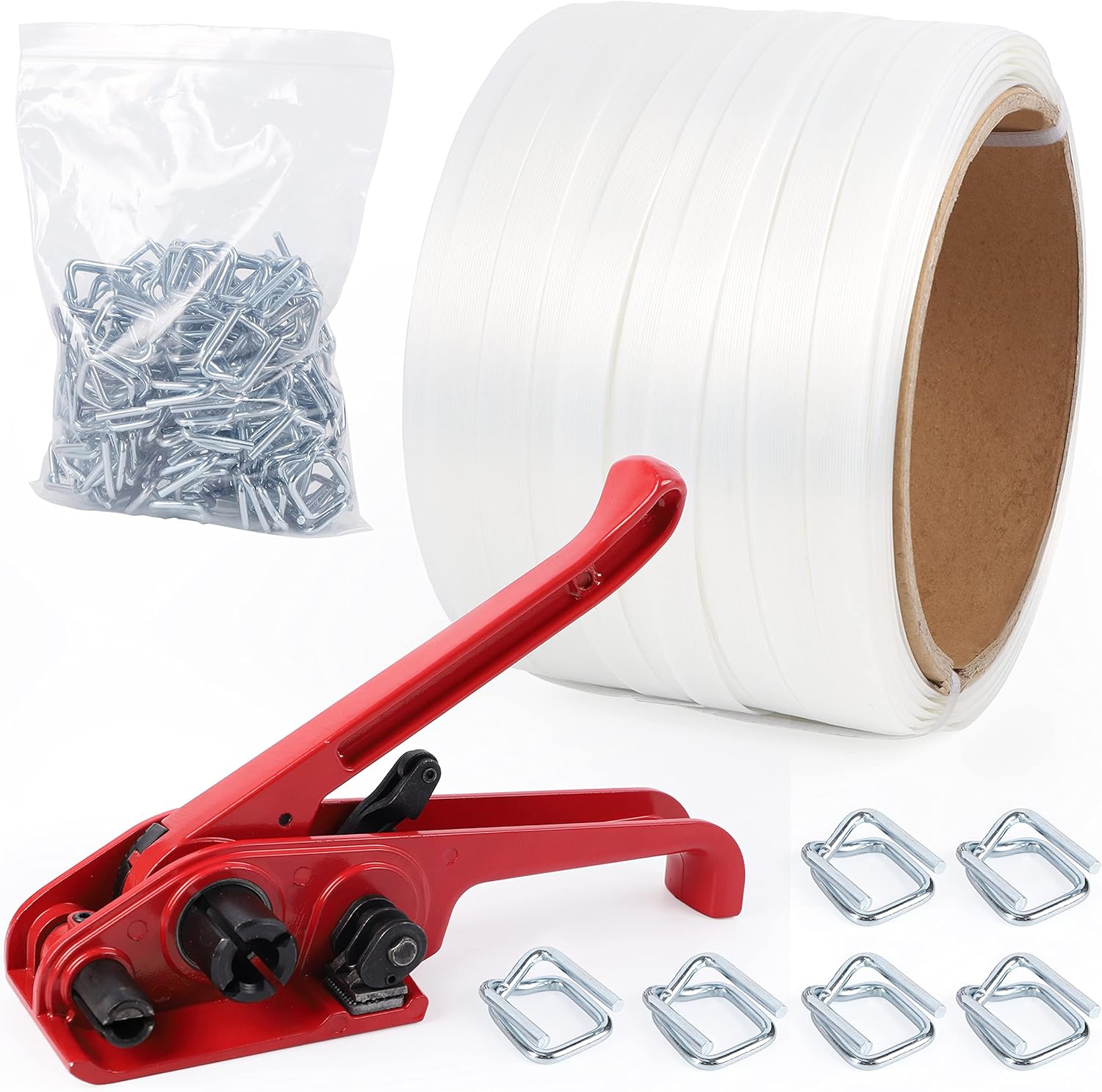 Woven Cord Banding Strapping Kit - Woven Strapping Kit Poly Pallet Packaging Banding Tool Strapping Tool Strapping Tensioner, Woven Roll 3/4"*328Ft, 100pcs Steel Buckles, Reusable Flexbale Package