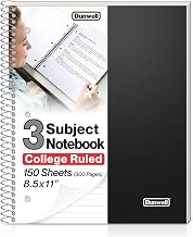 Dunwell 3-Subject Notebook College Ruled (Black), Spiral Notebook 8.5 x 11, Plastic Cover, 3 Pocket Dividers, 150 Sheets (300 Pages), 3-Hole Punched Perforated 8 1/2 x 11 Paper | 3 Subject Sections, College Ruled Pages, 150 Sheets, Durable Covers, 3-Hole 