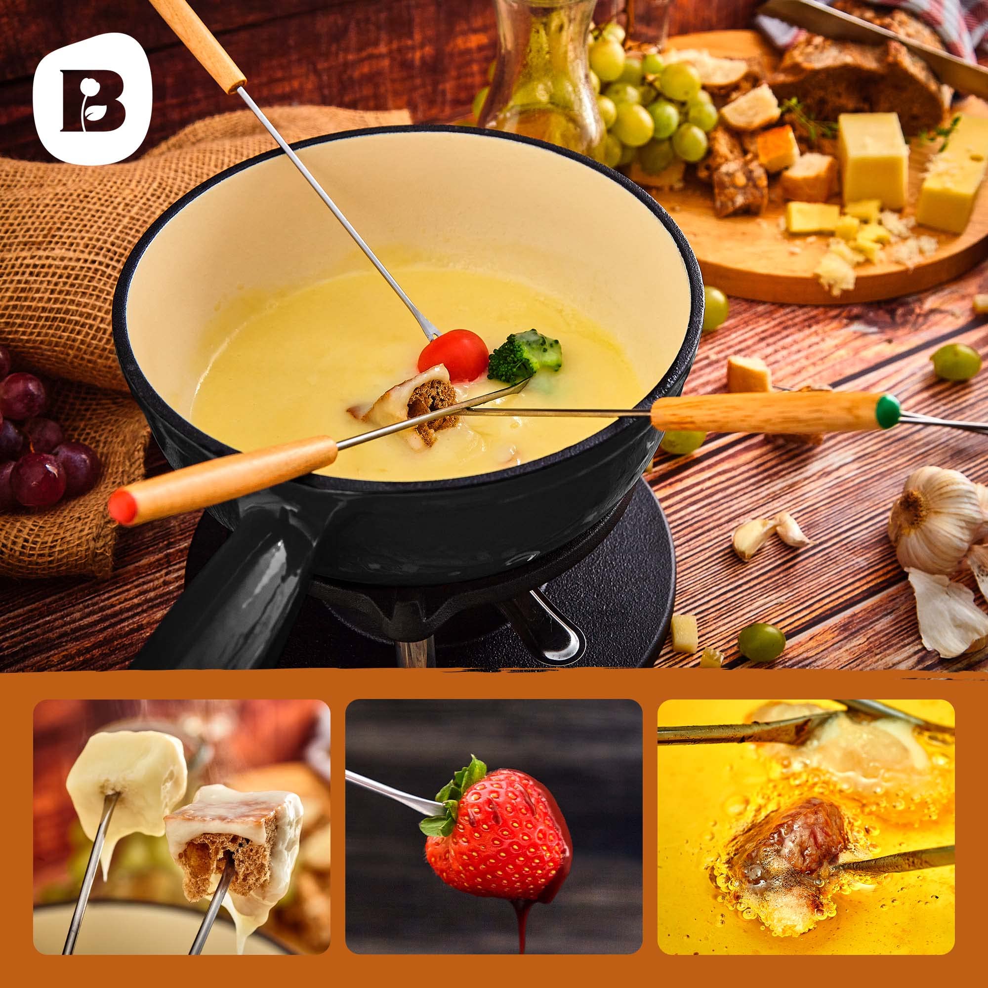 Gusseisen Fondue Set für 6 Personen - 2 Liter - Fondueset 9-teilig mit Brenner und 6 Gabeln - mit Emaille-Beschichtung - geeignet für Käsefondue Schokofondue Fleischfondue Gemüsefondue