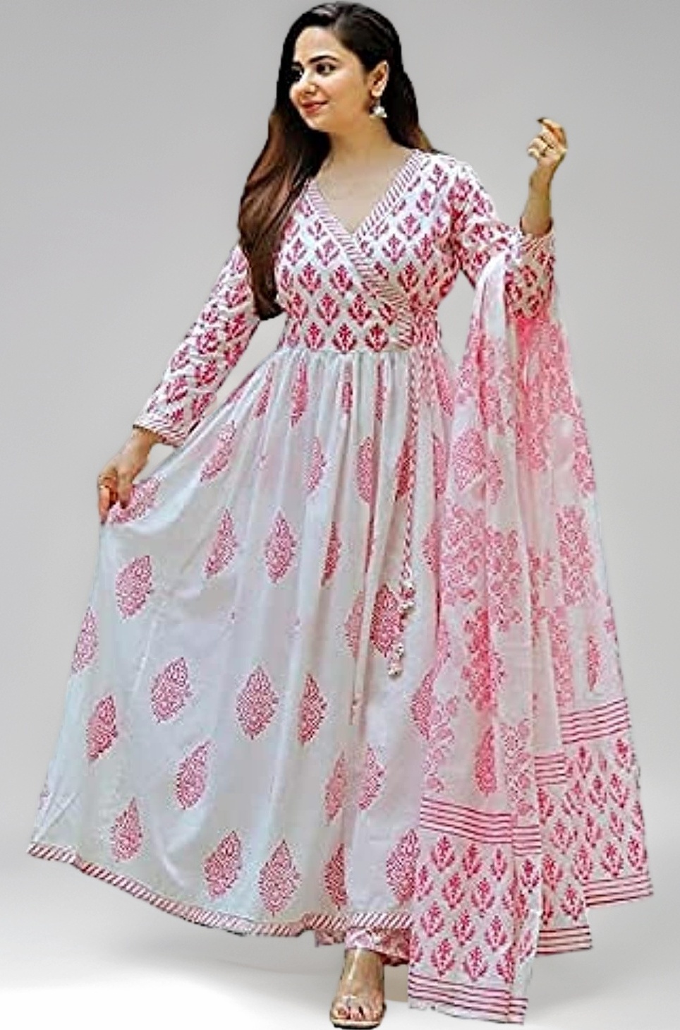Women's Cotton Printed White Anarkali Kurta with Palazzo & Dupatta Set