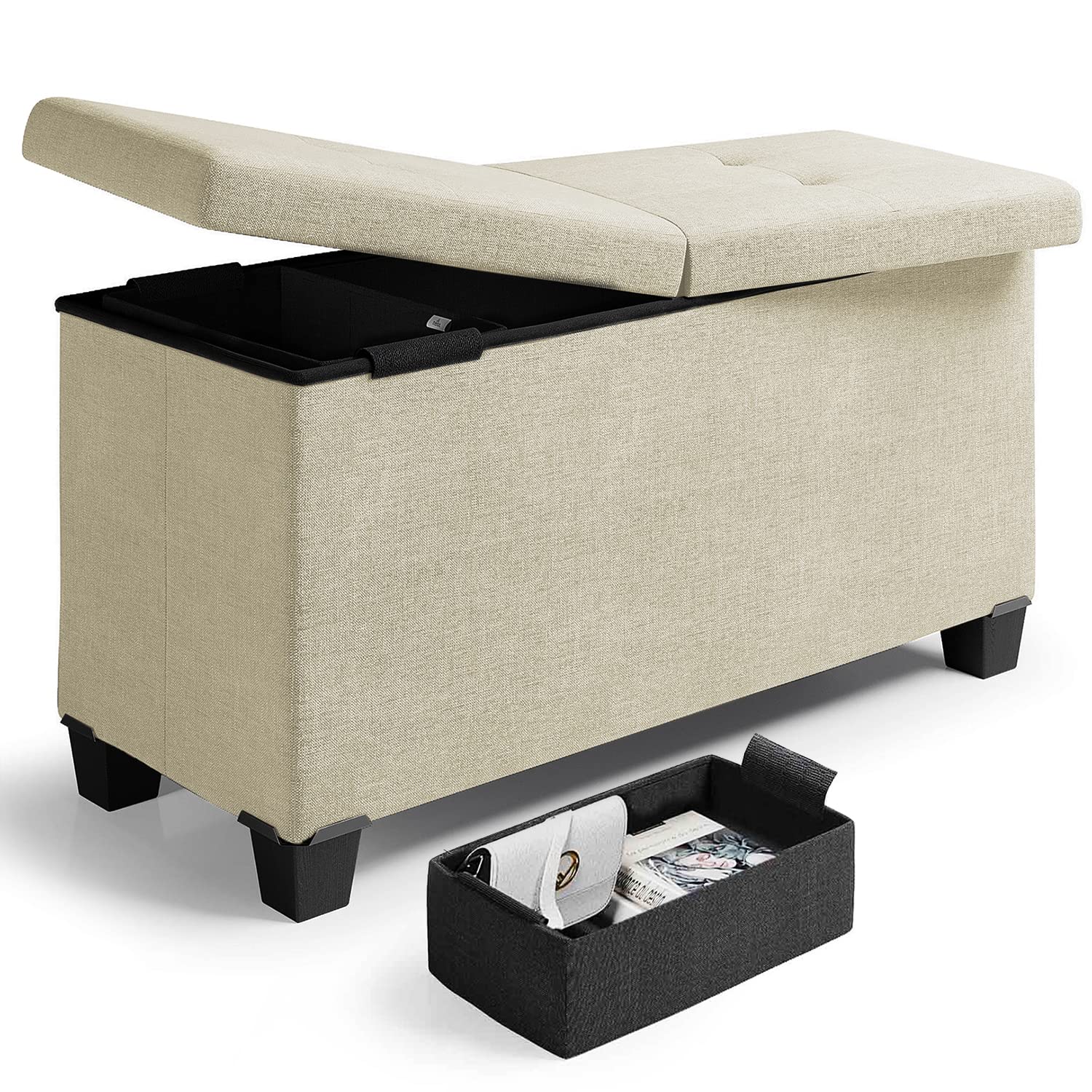 Nestl Storage Ottoman Bench with Storage Bins, 30-in Bench for Bedroom or Living Room, Max 660lbs, Linen Fabric Ivory Ottoman