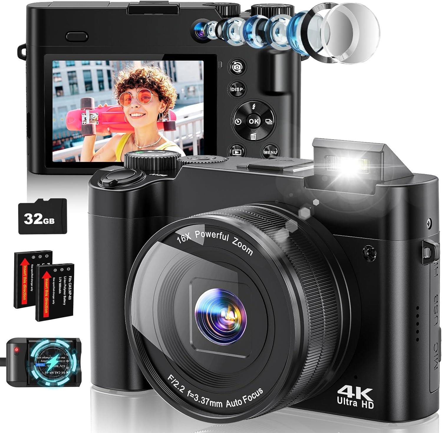4K Digital Camera, 64MP Dual-Lens Vlogging Camera for Photography and Video 30FPS, Autofocus Anti-Shake, Selfie YouTube Camera, Digital Camera with Flash Dial 16X Zoom Charging Stand 4K Digital Camera, 64MP Dual-Lens Vlogging Camera for Photography and Video 30FPS, Autofocus Anti-Shake, Selfie YouTube Camera, Digital Camera with Flash Dial 16X Zoom Charging Stand