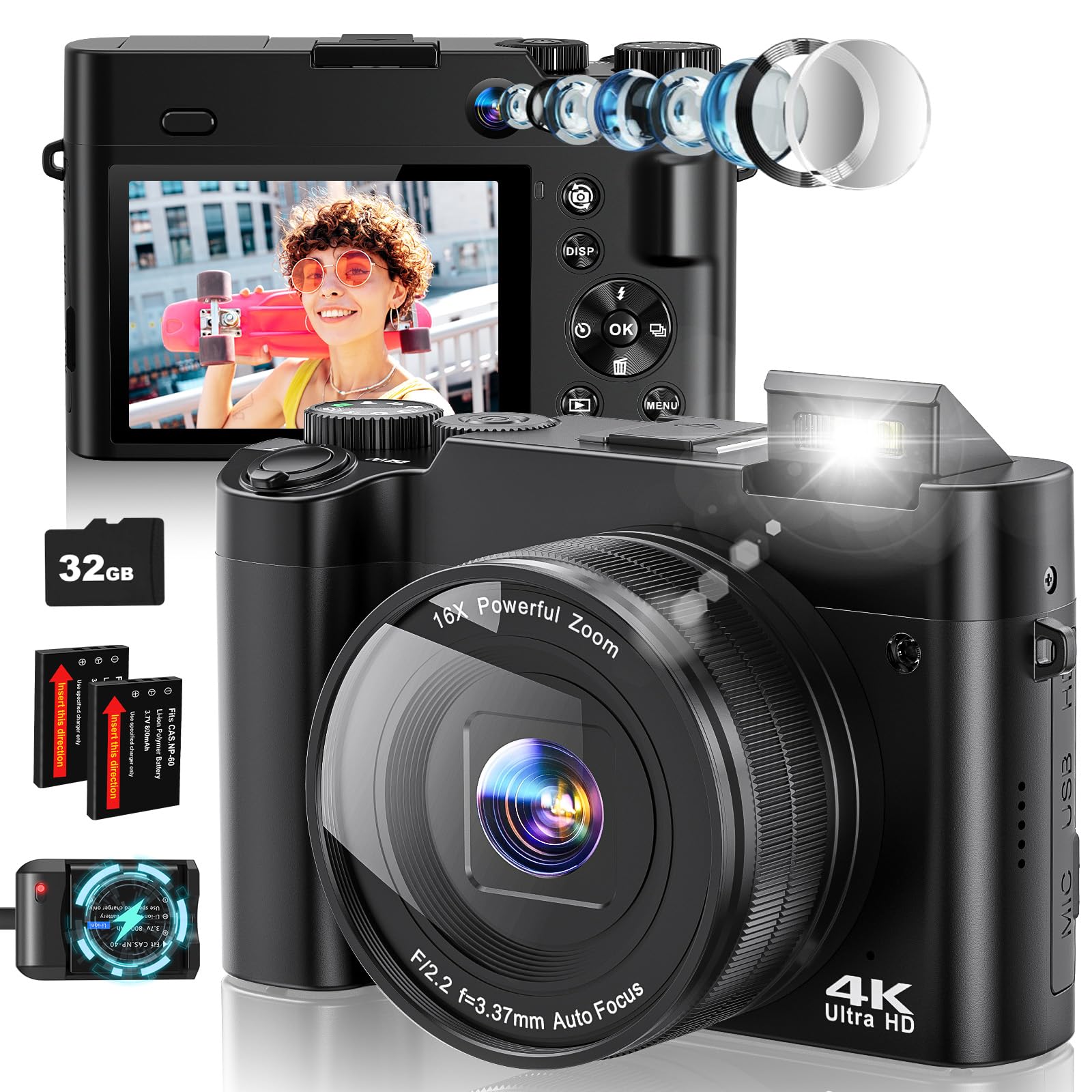 4K Digital Camera for Photography Autofocus, 64MP Dual-Lens Vlogging Camera for Video Anti-Shake, 3'' Selfie Flip Travel Cameras for YouTube, 16X Zoom Digital Camera with Flash Dial Battery Stand
