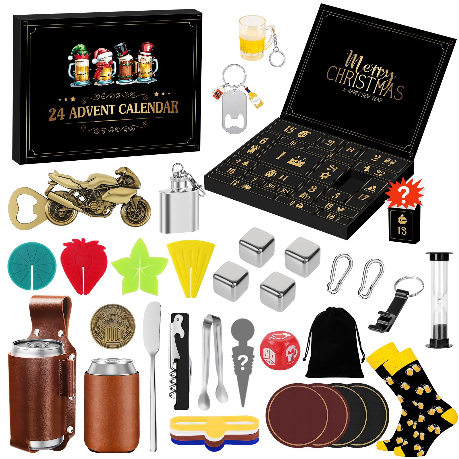 Calendario Adviento Hombre 2025 con 24 Regalos Originales Set Vino Petaca Abridor Posavasos