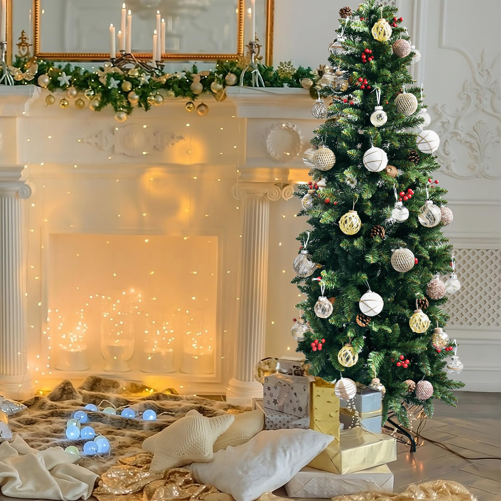 MuRealy Pencil Christmas Tree 6ft - Artificial Slim Christmas Tree, 650 Branch Tips Pine Cones, Red Berries, Suitable for Family Party Decoration, Festival Decoration, Shopping Mall Office Decoration