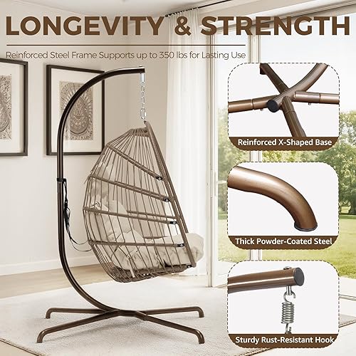 Miniatura 42 de NICESOUL Silla colgante con soporte para interiores y exteriores, cómodas sillas hamaca de ratán para patio con cojín, capacidad de 350 libras