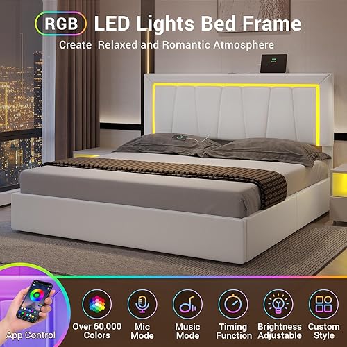 Miniatura 30 de DICTAC Base de cama de tamaño matrimonial con cabecera y 4 cajones de almacenamiento, moderna plataforma tapizada de piel sintética, marco de cama