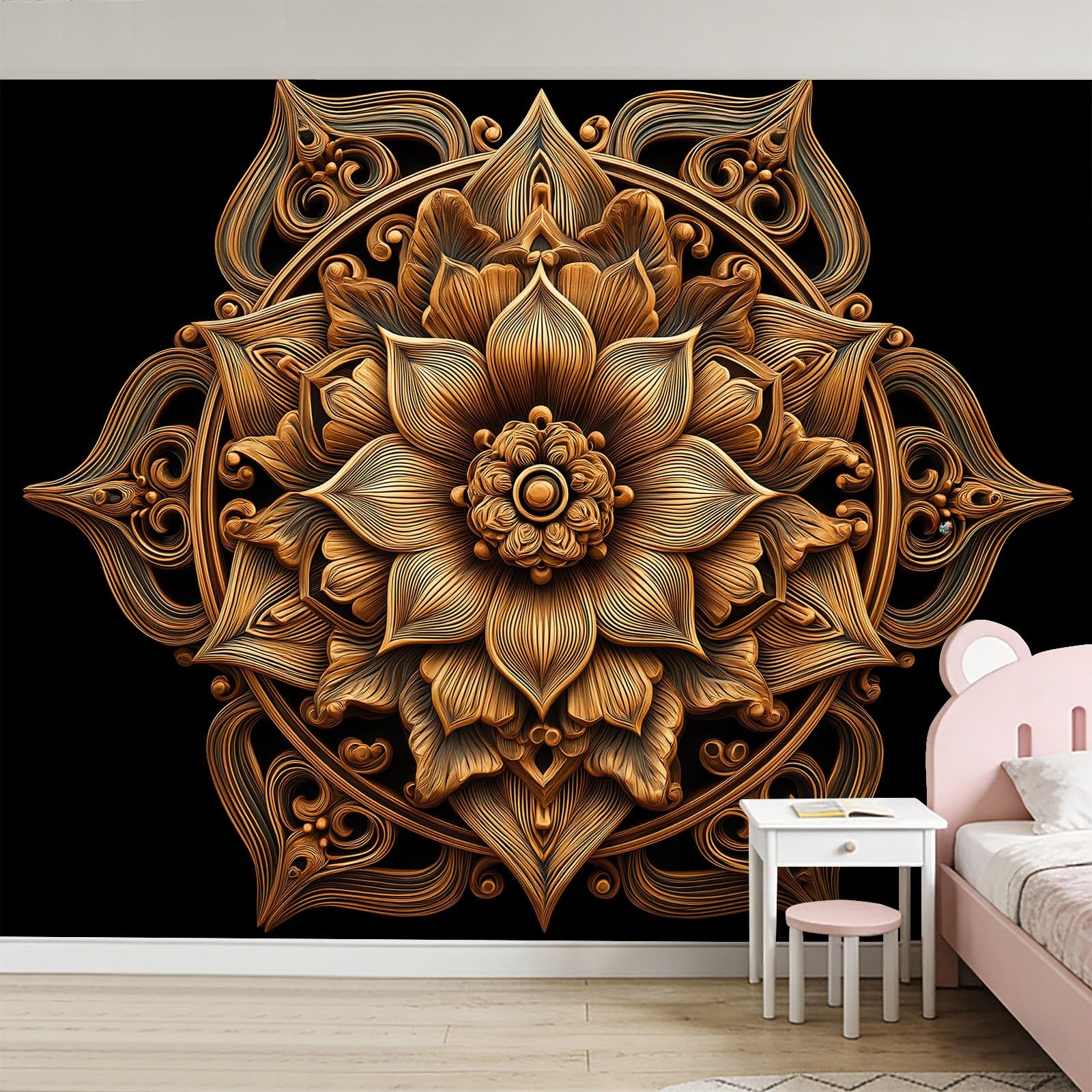 Papel pintado 3D efecto mandala loto 300 x 210 cm XXL Fotomural Dormitorio Simétrico Geométrico Papel Pintado Salón Pared Decoración Pasillo Aesthetic Murales