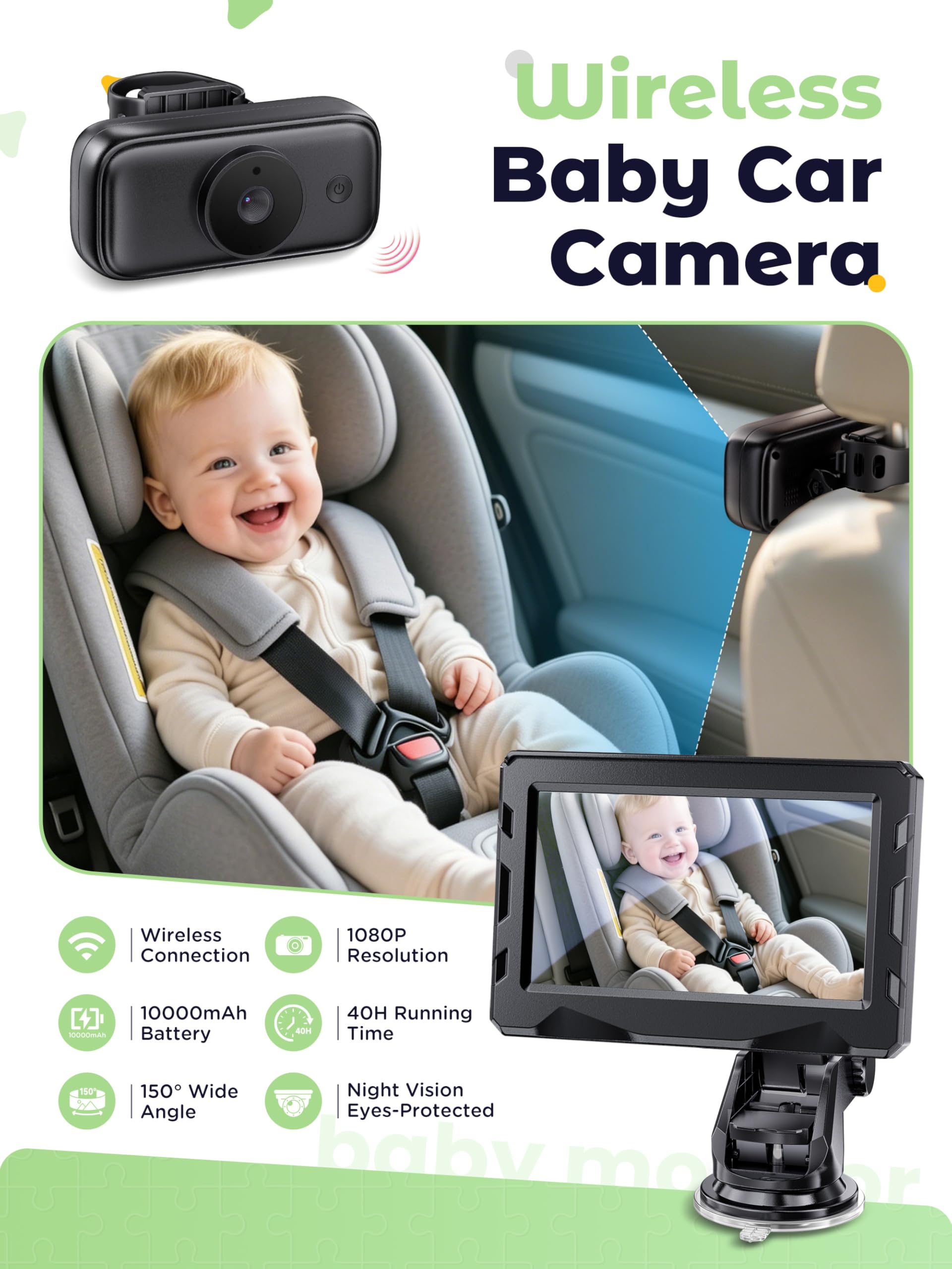 Cámara de bebé inalámbrica para coche HD 1080P, espejo de coche con visión nocturna, batería de 10000 mAh, pantalla HD de 4,3 pulgadas