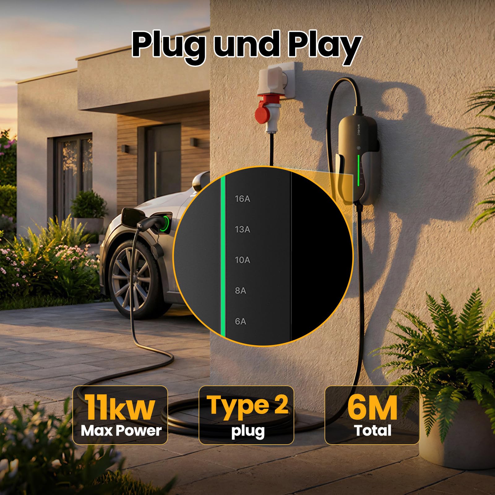 Morec Mobile Wallbox 11KW Ladekabel Typ 2 6-16A 380V, EV-Ladegerät und Mobile Ladestation mit dreiphasigem CEE-Stecker, 6M Portable EVSE für Elektrofahrzeuge mit Tragetasche