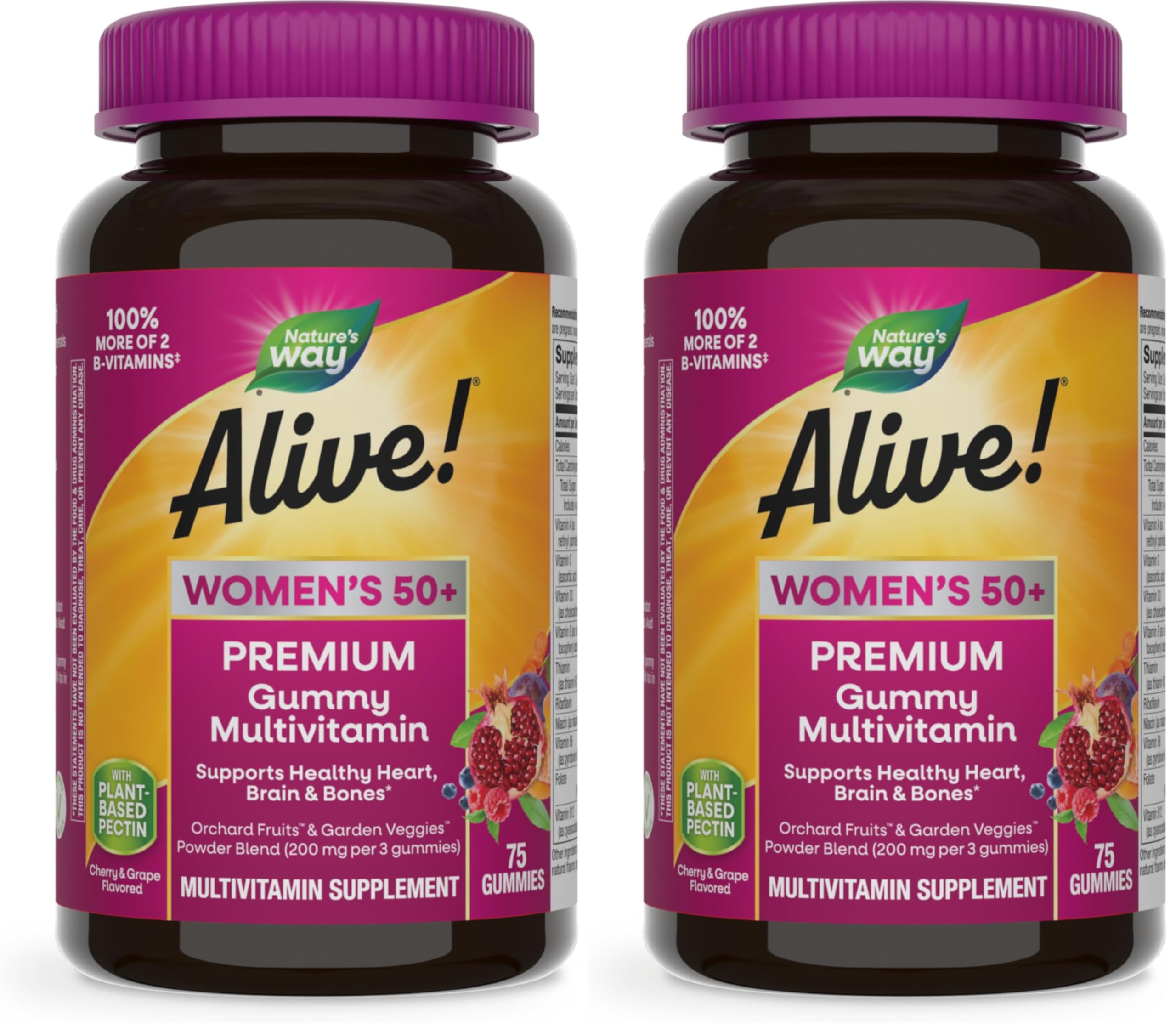 Nature's Way Alive! Women's 50+ Premium Gummy Multivitamin Supplement, Supports Heart, Brain & Bones*,B-Vitamins,Vegetarian,Grape&Cherry Flavored Gummy Vitamins,75 Gummies Packaging Vary,(Pack of 2)