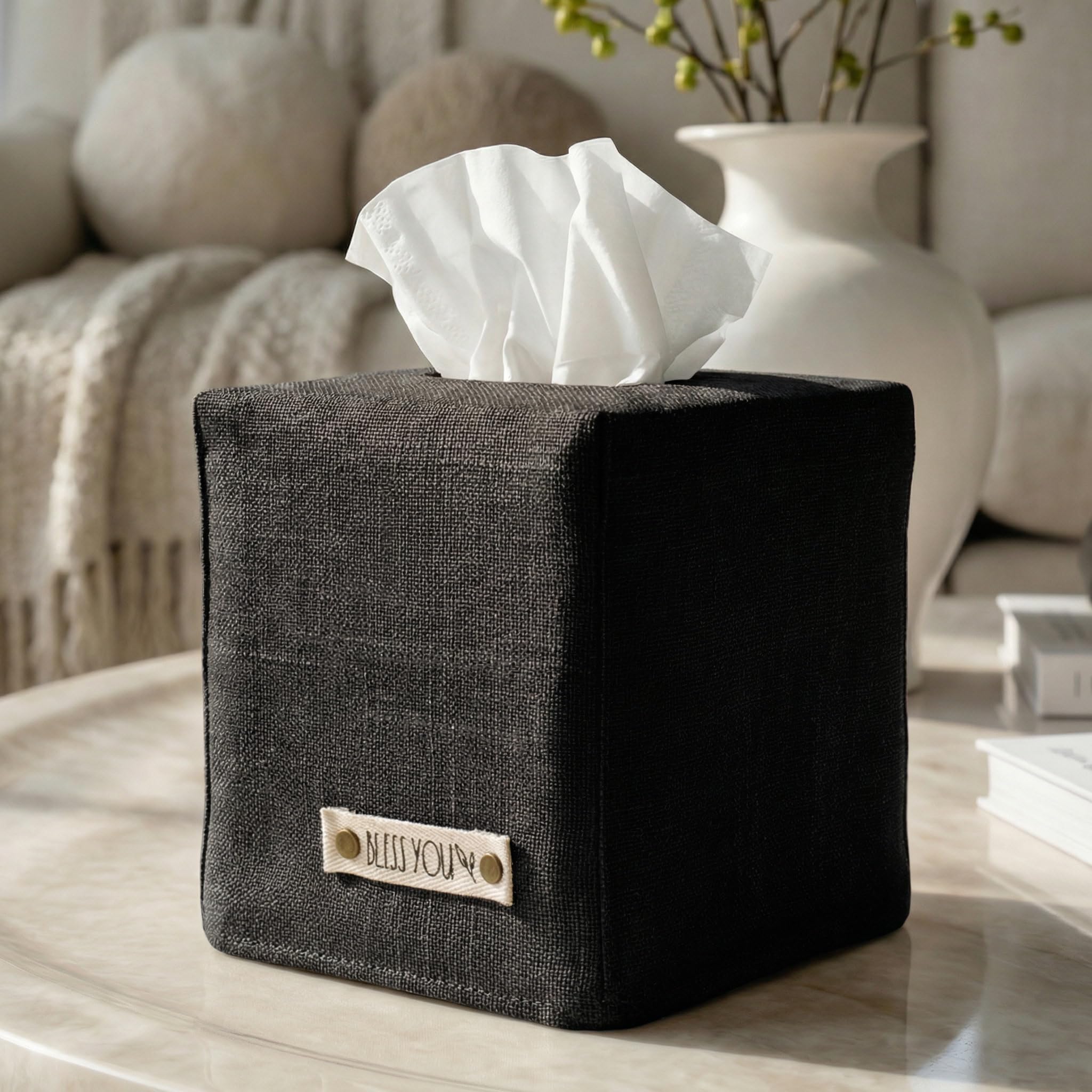 Stylish Tissue Box Cover - This Black Linen Holder Instantly Covers Your Square Tissue Boxes - The Perfect Cube Cover for Your Bathroom and Home