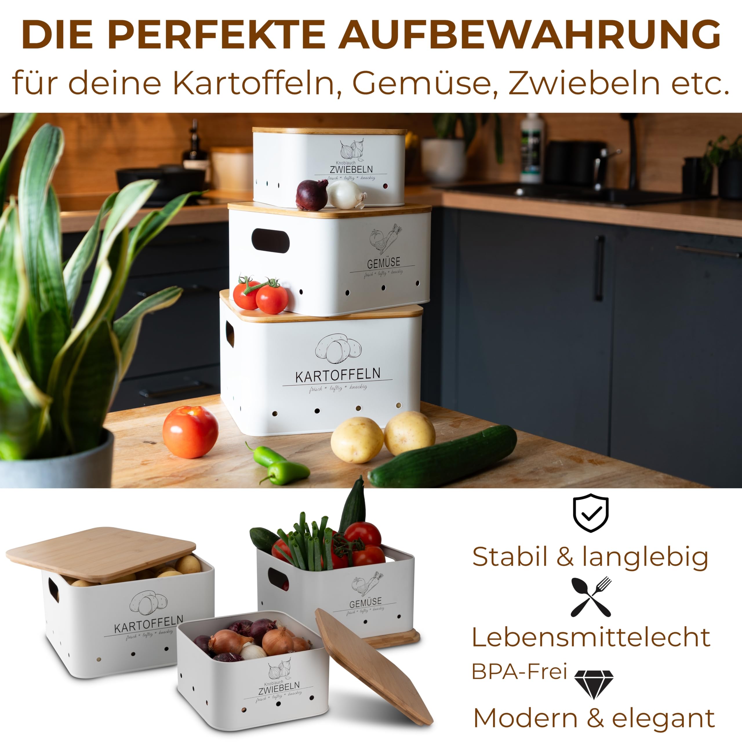 Kartoffel Aufbewahrungsbox Küche – 3er Set – Gemüse länger frisch – Vorratsbehälter für Kartoffel, Zwiebel & Gemüse – stapelbare Aufbewahrungsboxen mit Bambusdeckel – modern Weiß – MNKsolution