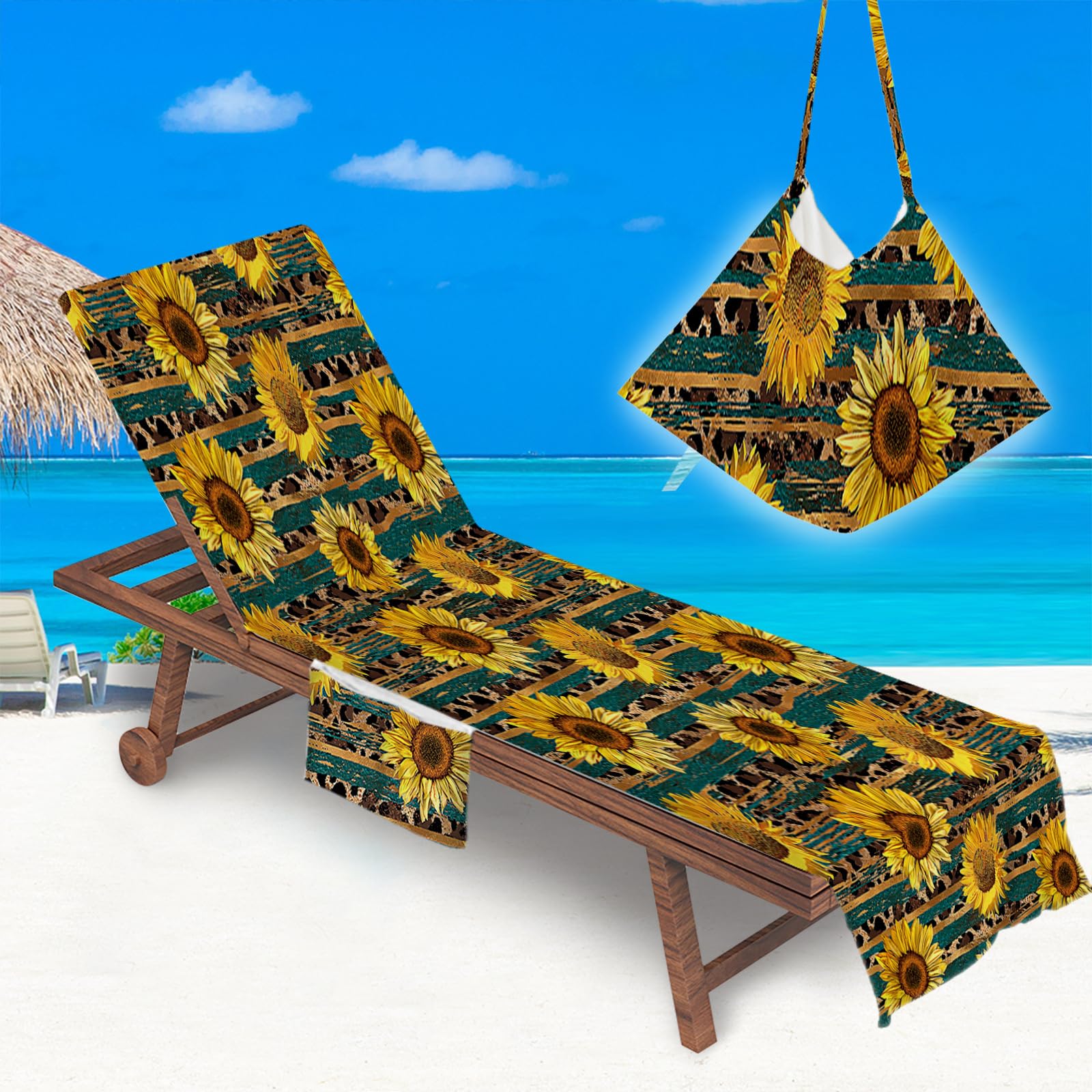 Sun Lounger Beach Towel with Pockets, Sunflower Pattern Beach Lounger Towel Beach Chair Cover Towel Fitted Microfiber Sunbed Towel Sun Lounger Towels for Summer Vacation (Stripes)