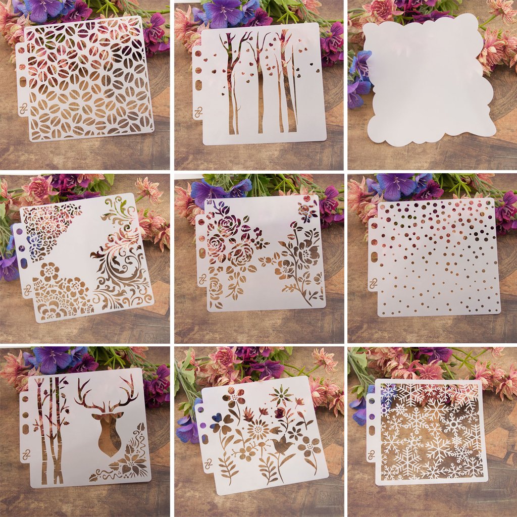 Different Airbrush DIY Hollow Design PET Plastic Stencil Painting Templates Stencils, Perfect for Textile Design, Wall Decoration, Window, Paper, Scrapbooking, Kids Crafting, 14x13cm/5.51x5.12in 9pcs/9pattern