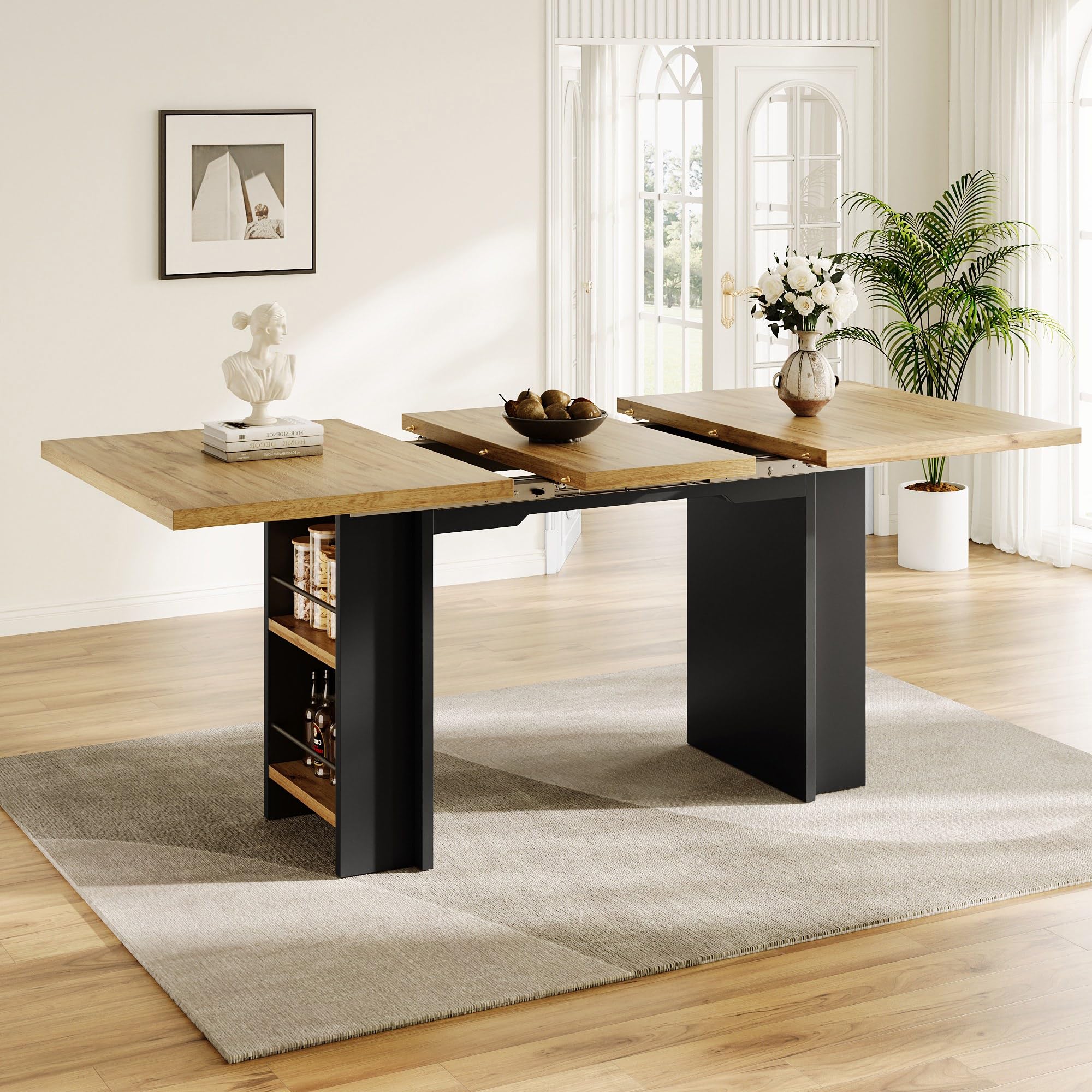 Esstisch Teleskoptisch (120-160×80cm), Tisch mit Regalen, Küchentisch, Ausziehtisch, mit Hilfe innenliegender Einlegeplatten，Ausziehbar, für Küche und Wohnzimmer, Holzfarbener
