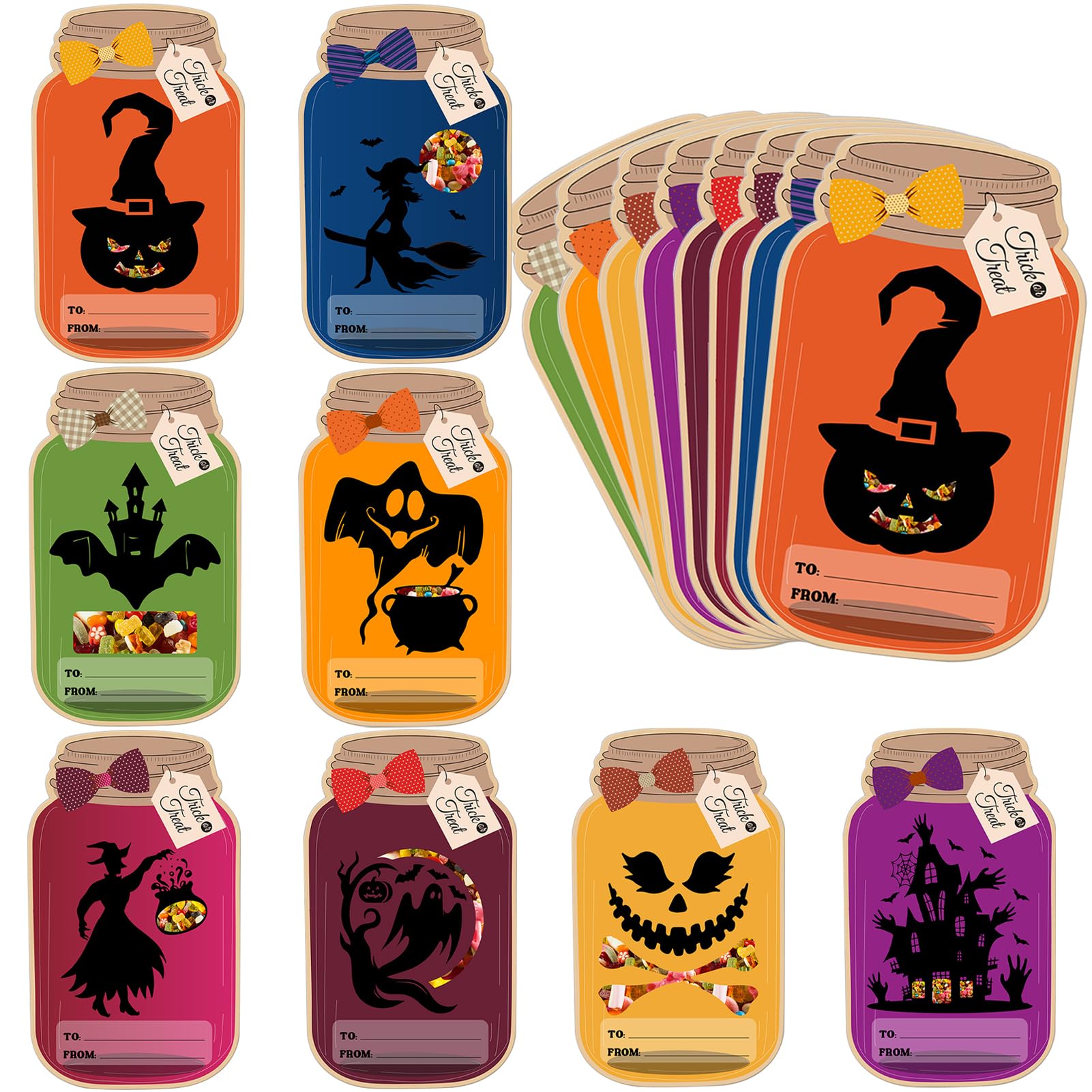Hewyom 50 Pack Halloween Mason Jar Cards with 50 Clear Treat Bags-8 Design | DIY Trick or Treat Goodie Cards, Halloween Party Favors & Holidays Gift Exchange(Candy Not Included)