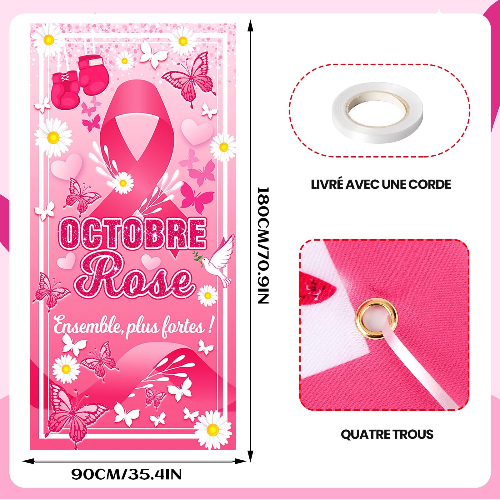 Bannière Ruban Rose Octobre Rose - 180x90 Cm - Décoration Porte, Sensibilisation Cancer Du Sein - Polyester Résistant - 8