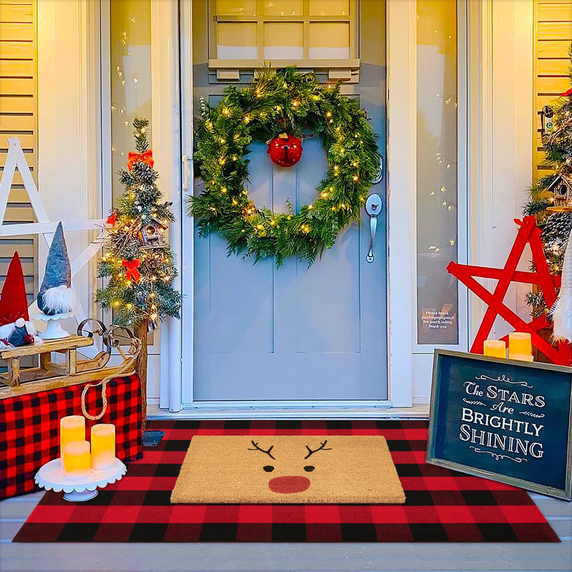 Juego combinado de felpudos de Navidad, tapete de bienvenida 100% fibra de coco + alfombra a cuadros rojos y negros de 3 x 5 pies, tapete de colección de ciervos de Navidad para decoración de entrada