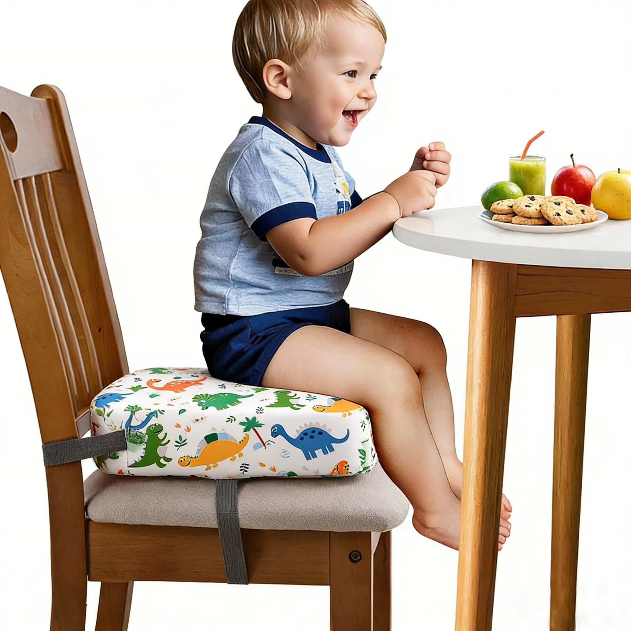 Baby Booster Seat for Dining Chair Table Toddler Booster Seat for Kitchen Chair with Non-Slip Bottom, Portable Detachable Washable Cushion with 2 Adjustable Straps Dinosaur White