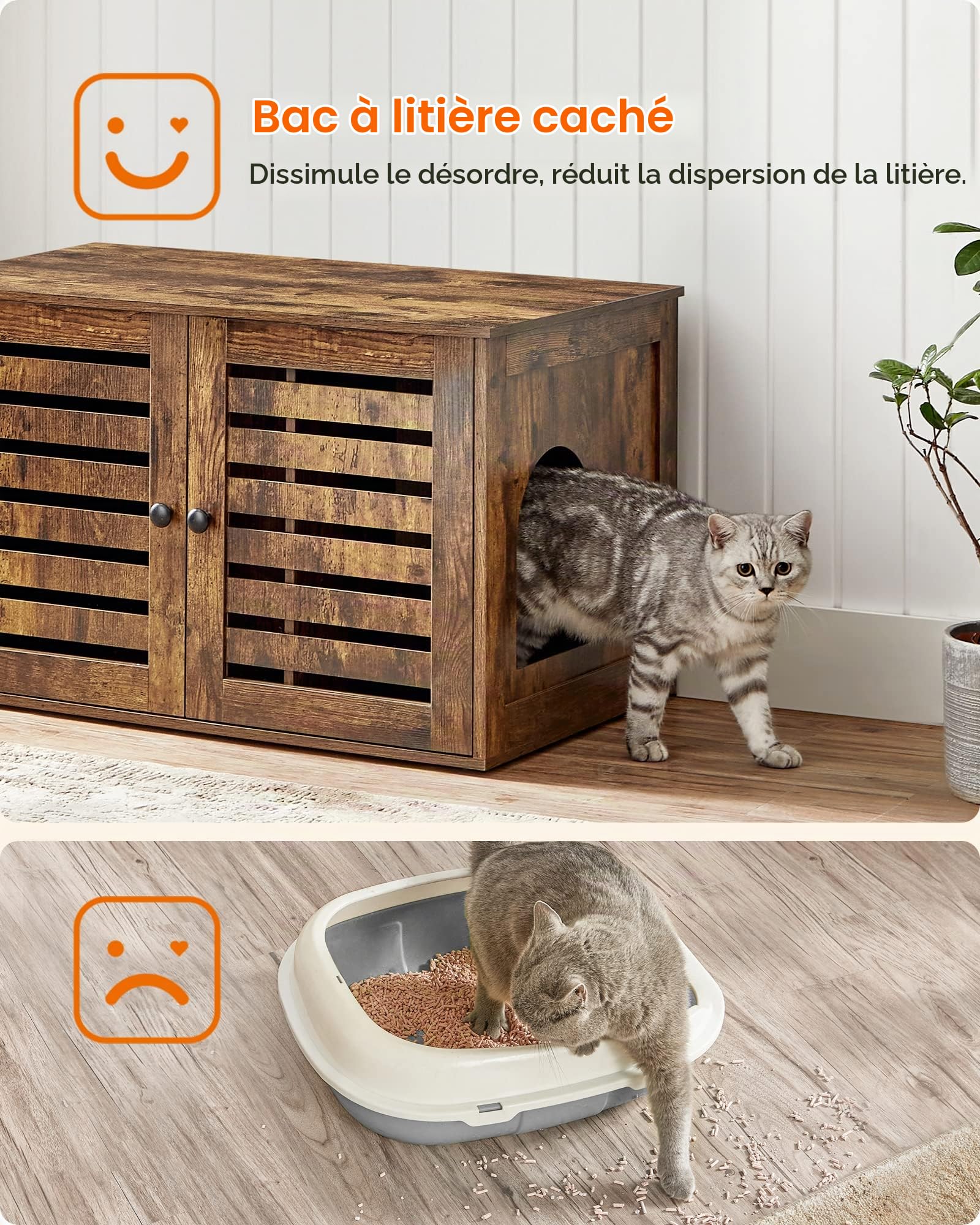 Feandrea Maison de Toilettes pour Chats, Cache-litière, Table d'Appoint, Niche pou Chats, avec Portes Persiennes, Entrée Arrondie, 80 x 53 x 49 cm, Marron Rustique PCL003X01