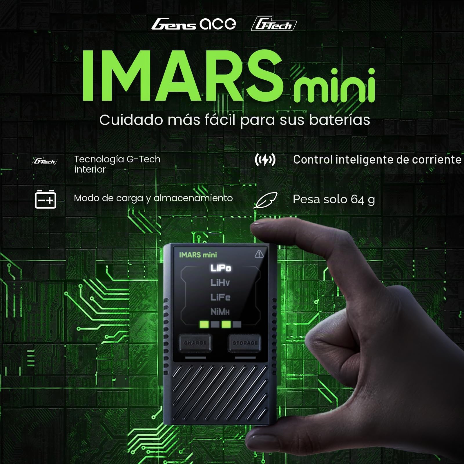 Gens ace IMARS Mini Cargador Inteligente RC LiPo 2-4S 60W USB-C – SIN Adaptador de Corriente | Cargador Portátil para Baterías RC