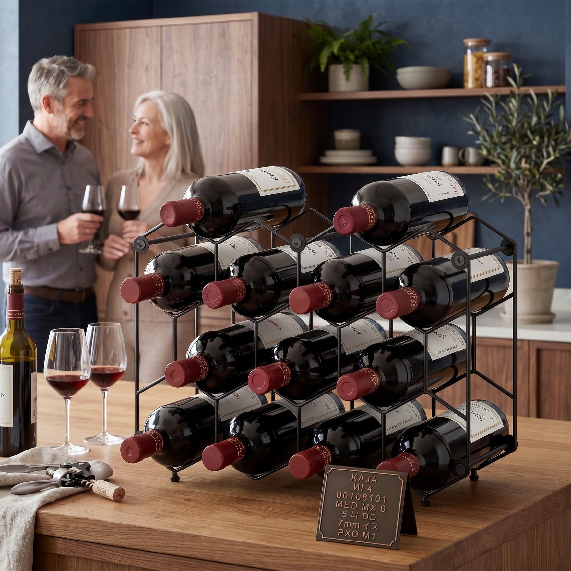 HOMCOM Portabottiglie Design Industriale a Nido d'Ape con Piedini Regolabili e Cinghia Antiribaltamento, Porta Vino per 13 Bottiglie per Cucina, Bar di Casa e Mobiletto, Nero