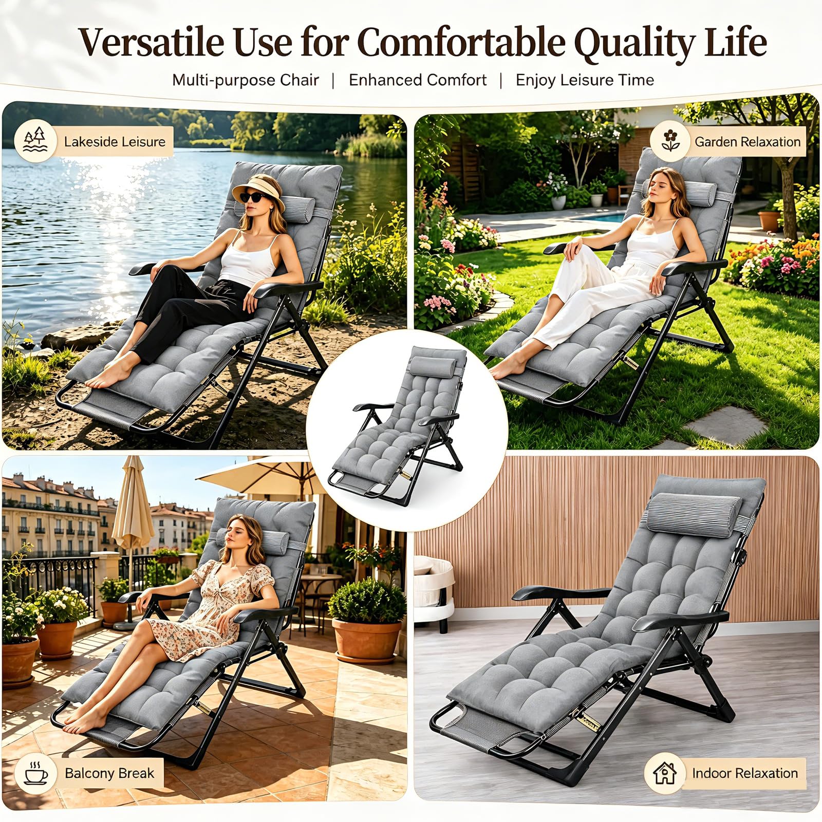 Klappbare Sonnenliege mit Polster, Ergonomischer Liegestuhl für Garten und Terrasse, 7-Fach Verstellbare Rückenlehne, Outdoor Relaxliege bis 150 kg, Gartenstuhl für Balkon und Terrasse (Grau - a)