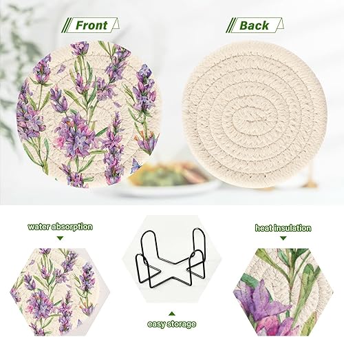 Miniatura 4 de Watercolor Lavender Flowers Coasters with Holder Set of 6 Office Coasters for Drinks Cotton Coasters Porta Vasos para Mesas