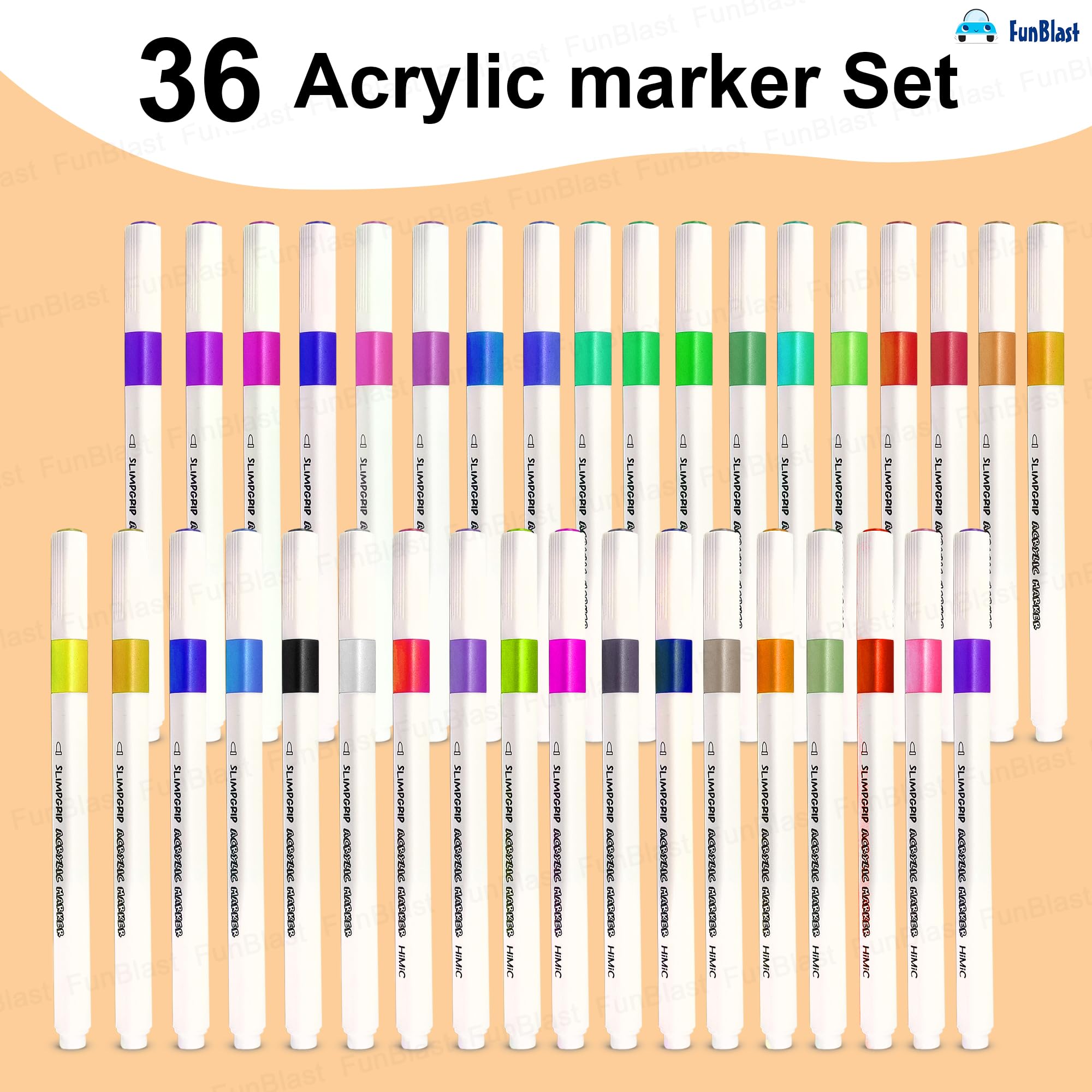 FunBlast Acrylic Paint Markers – Set of 36 Vibrant Colors, Permanent Water-Based Marker Pens for Rock Painting, DIY Crafts, Canvas, Glass & More (36) 2