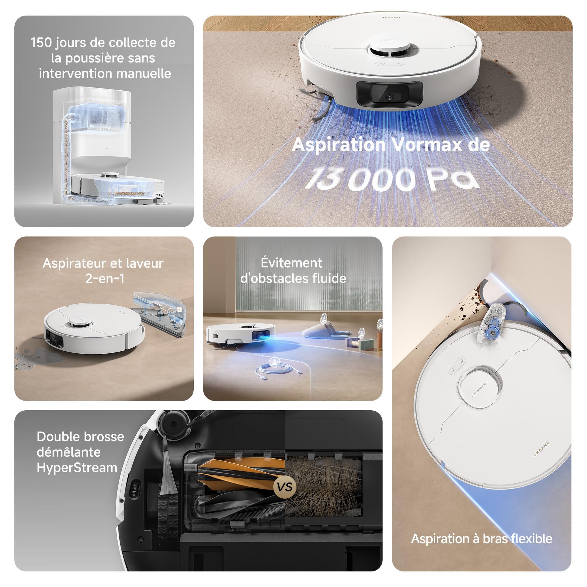 dreame D20 Pro Plus Robot Aspirateur 2-en-1, 13 000 Pa, Double Brosse, Auto-Vidage, Laser Navigation, Capteur Distance, Poils d’Animaux, Coins, Sols Durs & Tapis, Batterie 5200 mAh