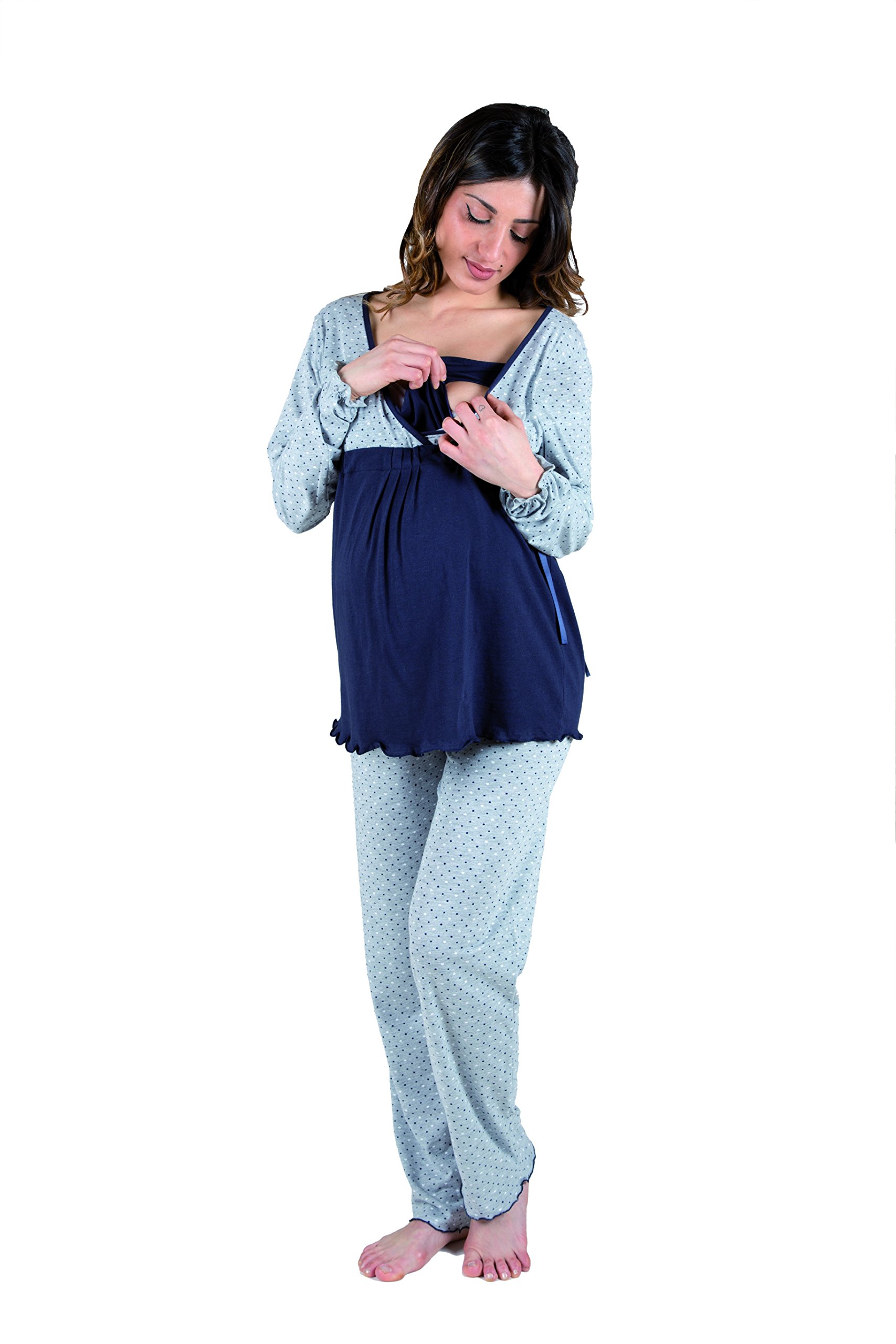 Premamy - Pigiama per Premaman, Modello con Fiocco, Cotone Jersey, Pre-Post Parto