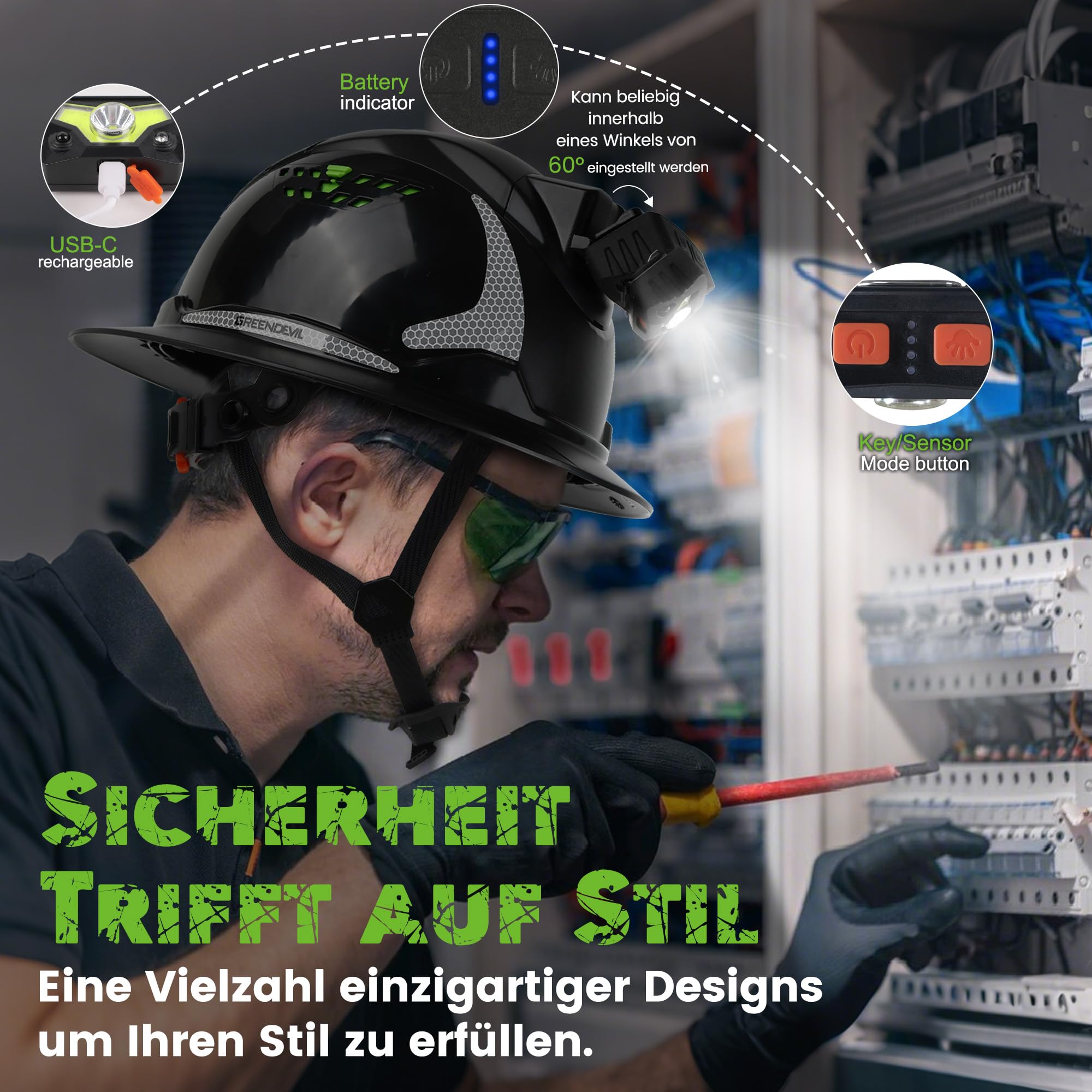 GREEN DEVIL Matrix Full Brim kask ochronny EN 397 – kask ochronny z wentylacją, latarka czołowa LED (IPX5), system 6-punktowy i regulowana wyściółka wewnętrzna – idealny do budownictwa, przemysłu,