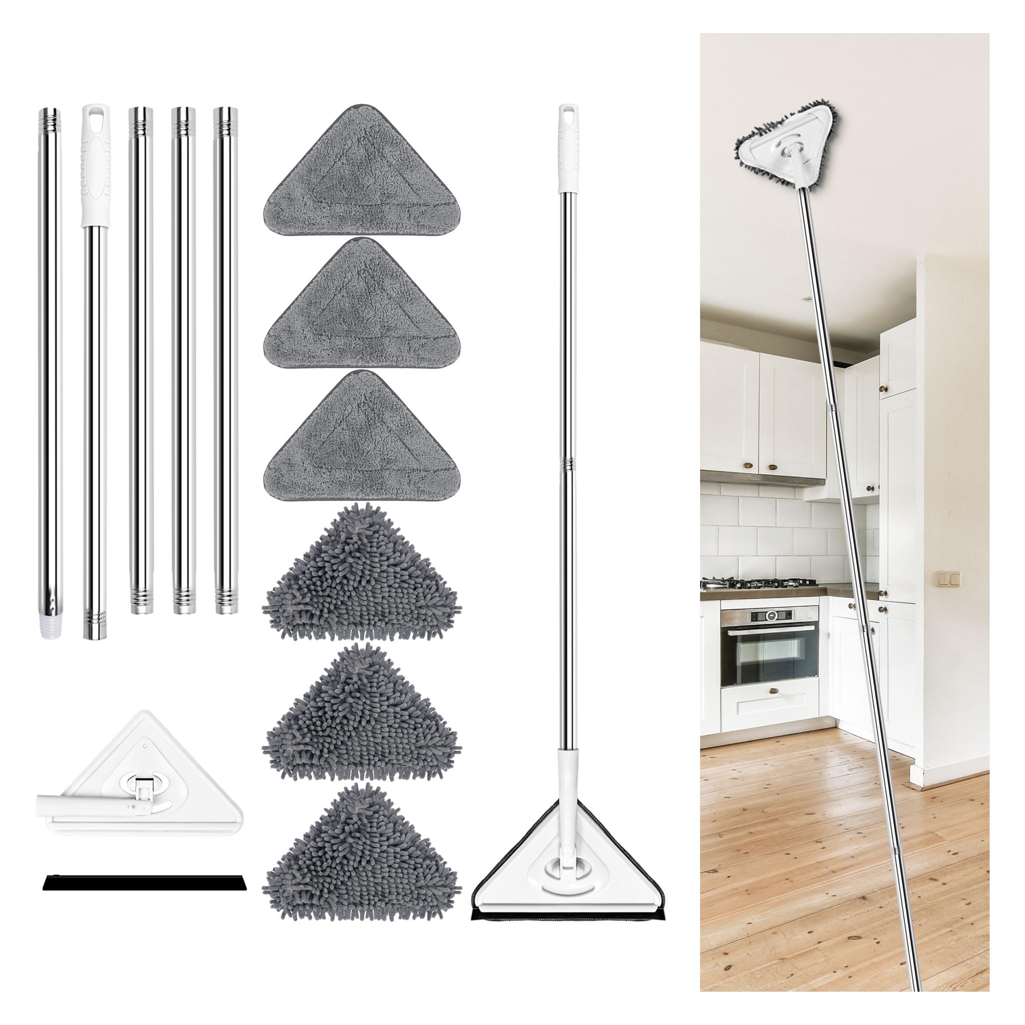 Wall Cleaner with Long Handle - 92 Inches Wall Mop Triangle Rotatable Adjustable Cleaning Mop, Dry Wet Ceiling Washer, and Baseboard Duster Scrubber with Extension Pole (6 Replacement Head Pads)