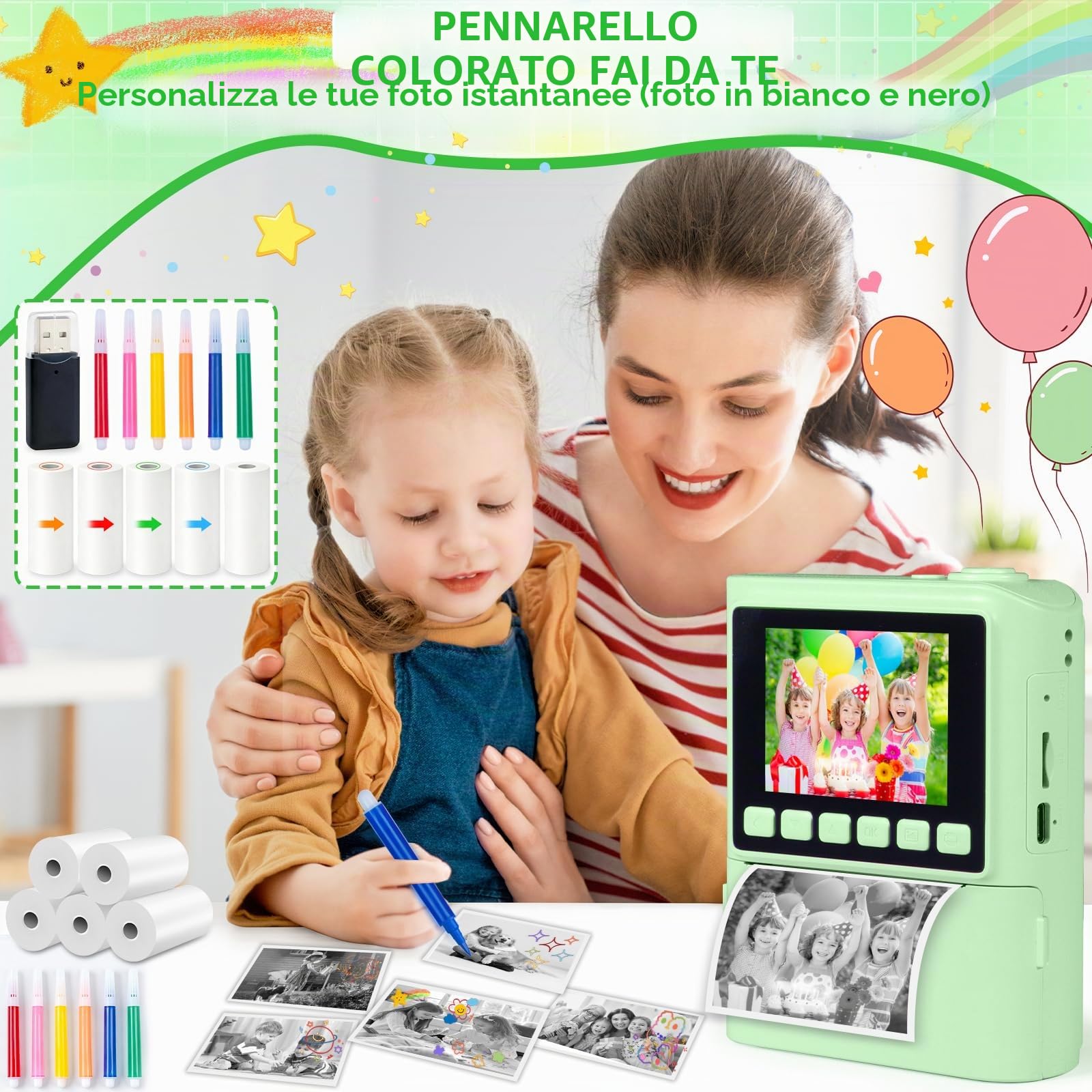 Macchina Fotografica Bambini Istantanea,2.4 Pollici 1080P Fotocamera Digitale Bambini con 32GB e 6 Rotoli di Carta da Stampa,Fotocamera,per Bambine i dai 3-12 Anni