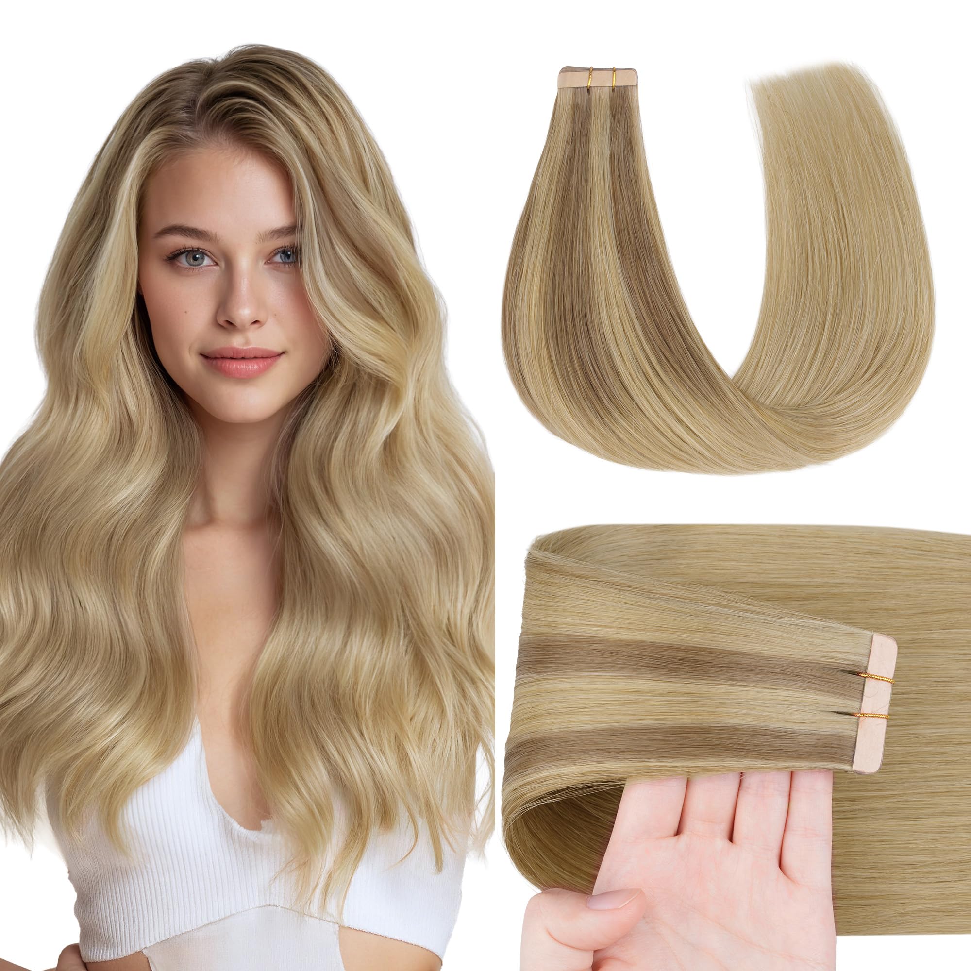 Photo 1 of GOO GOO Tape in Hair Extensions Human Hair, O18G/22G(L) Golden Beige Blonde with Ash Highlights, 20inch 50g 20pcs, Skin Weft Seamless Invisible, Silky Straight with Thick Ends, Remy Human Hair