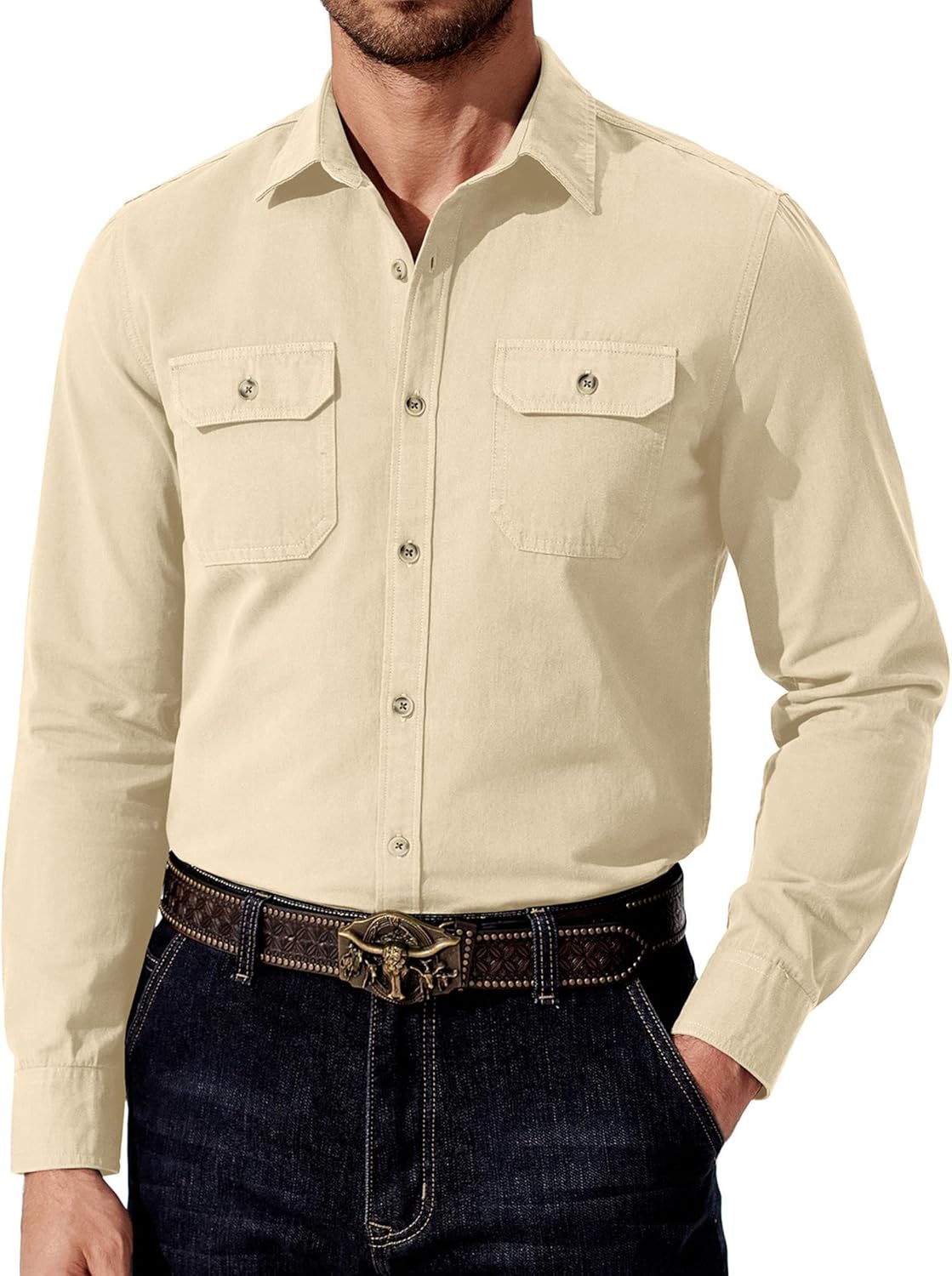 COOFANDY Mens Western Cowboy Shirt Long Sleeve Cotton Button Down Work Shirts with Pockets