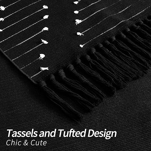 Miniatura 5 de MitoVilla Juego de 2 alfombras de baño bohemias negras de 2 x 3 pies + 2 x 4.3 pies, alfombra de pasillo pequeña con borla para cocina, tejido de