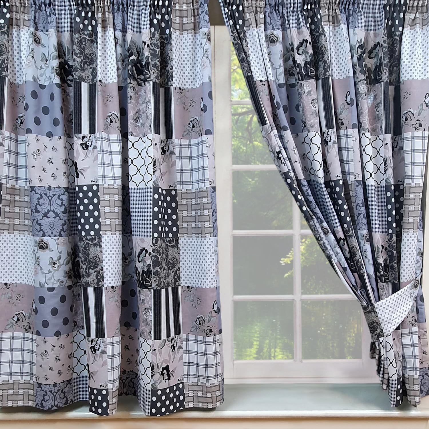 My Home 66" x 72" Patchwork Grey Curtains Unlined Pencil Pleat, Tie Backs, Floral Polka Dot Check Dots Stripes Charcoal Slate Blue