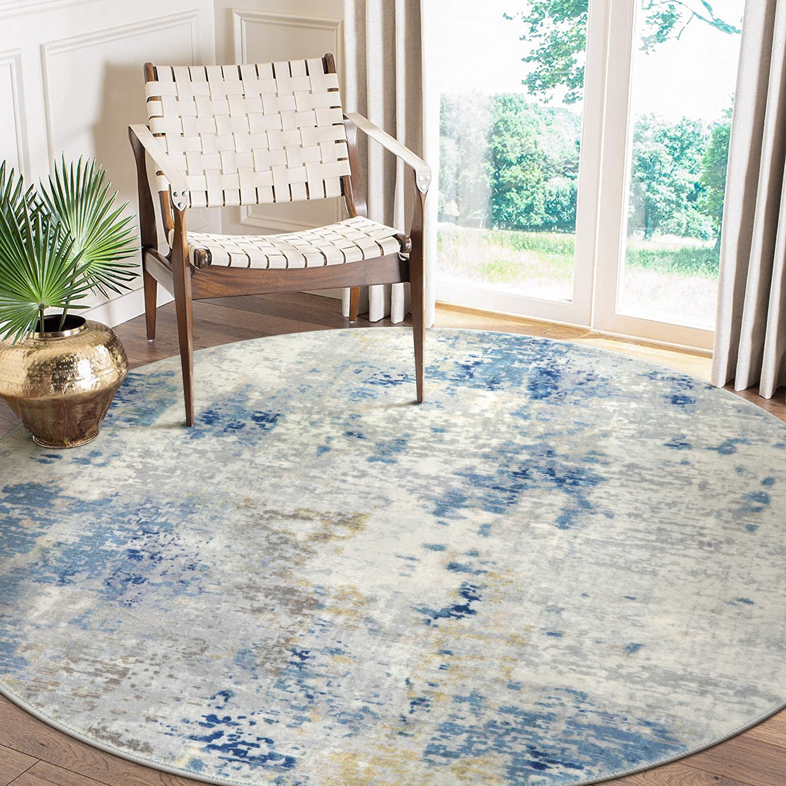 Lahome Modern Abstract Round Rug - 6Ft Large Blue Living Room Rug Washable 6x6 Circle Rugs for Bedroom Dining Room, Contemporary Indoor Office Carpet for Entryway Kitchen Table Home Nursery