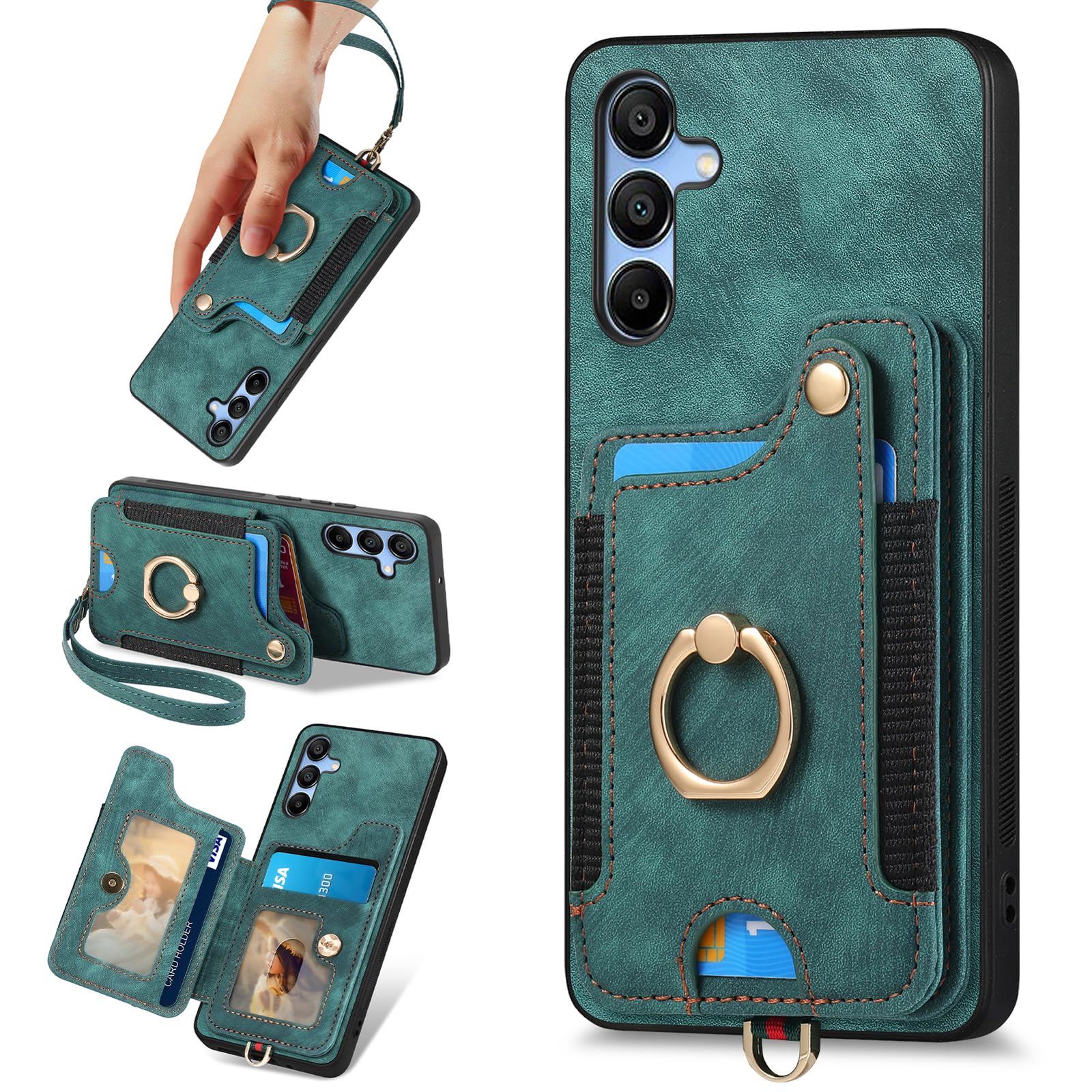 PAOBIR for Samsung Galaxy A16 5G Case with Card Holder for Woman Man,PU Leather Flip Folio Wallet Case,RFID Blocking Ring Holder Kickstand Wrist Strap