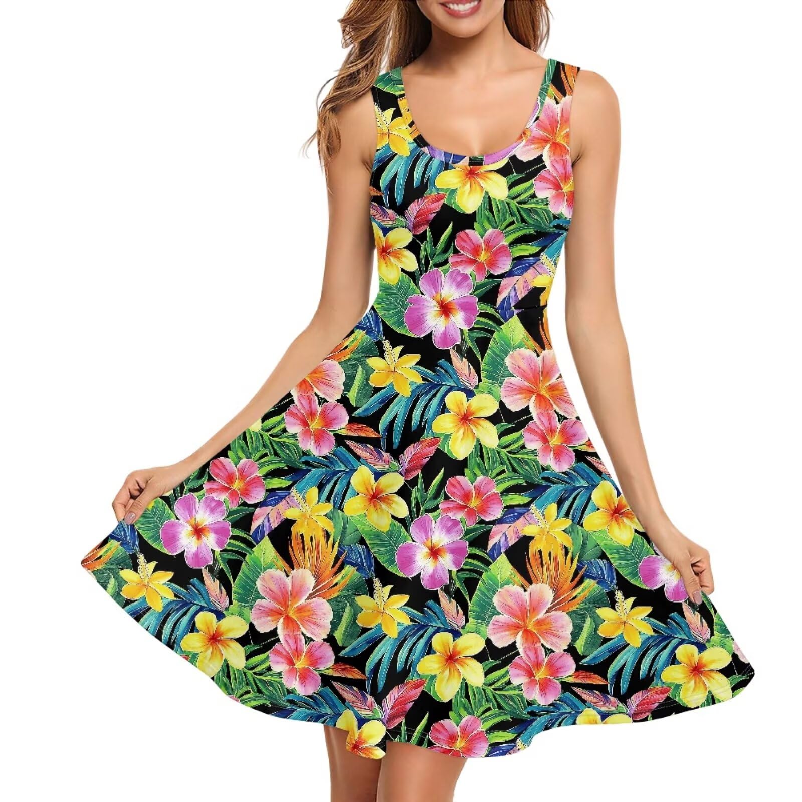 Women Stylish Tank Dresses Sleeveless Round Neck Midi Casual Dress with Pocket for Summer